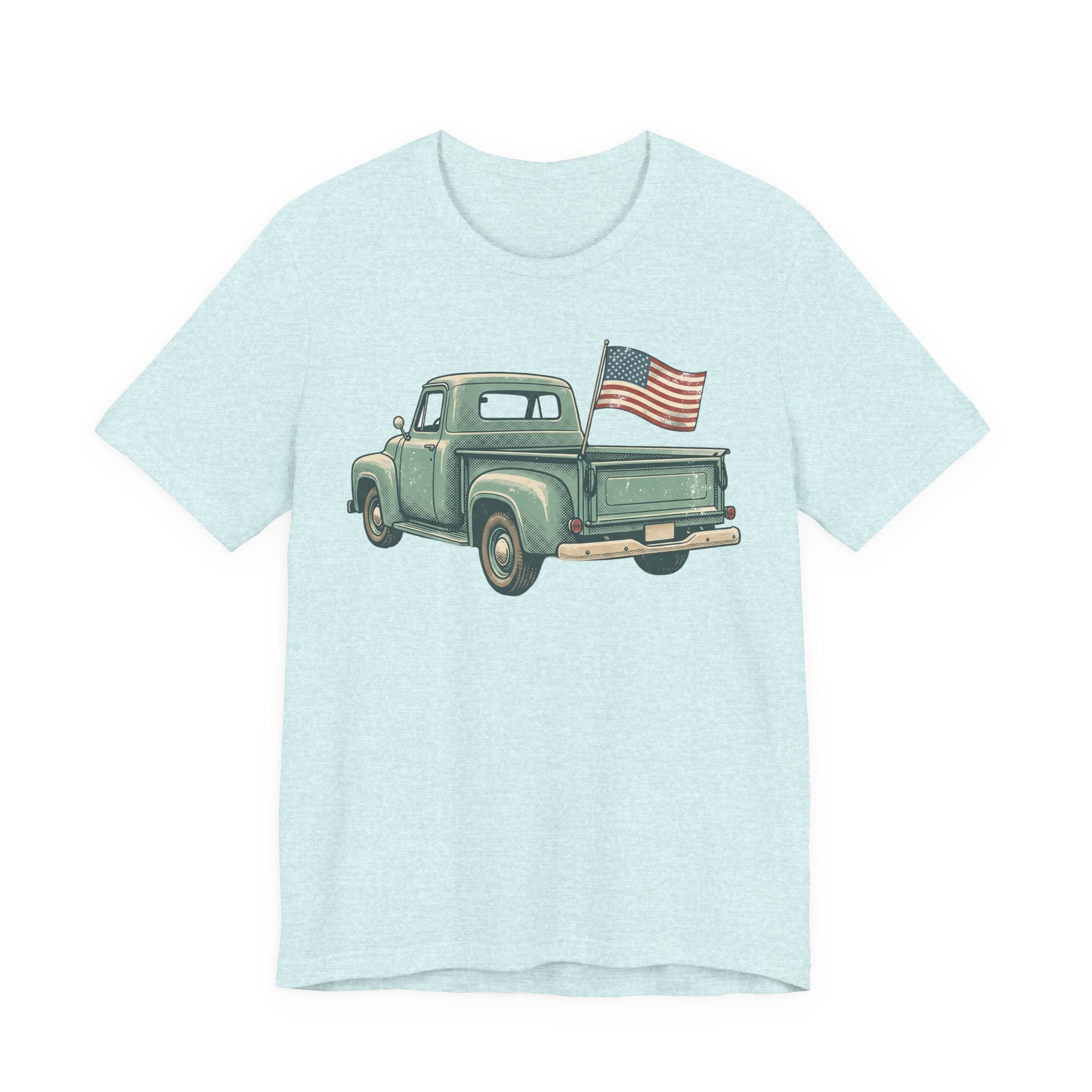 Light blue T-shirt with green pickup truck and American flag graphic