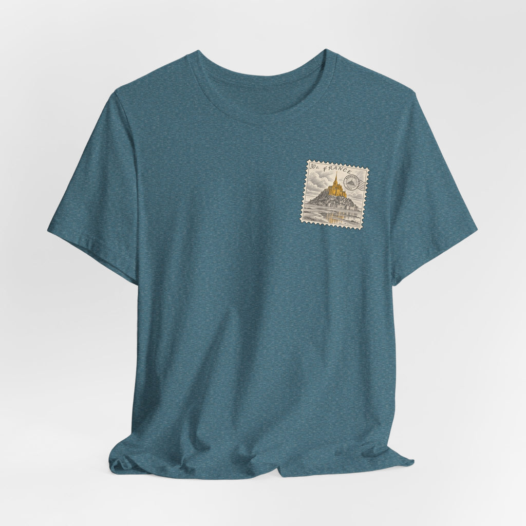 Deep teal heather crewneck T-shirt with small postage-stamp style graphic on chest