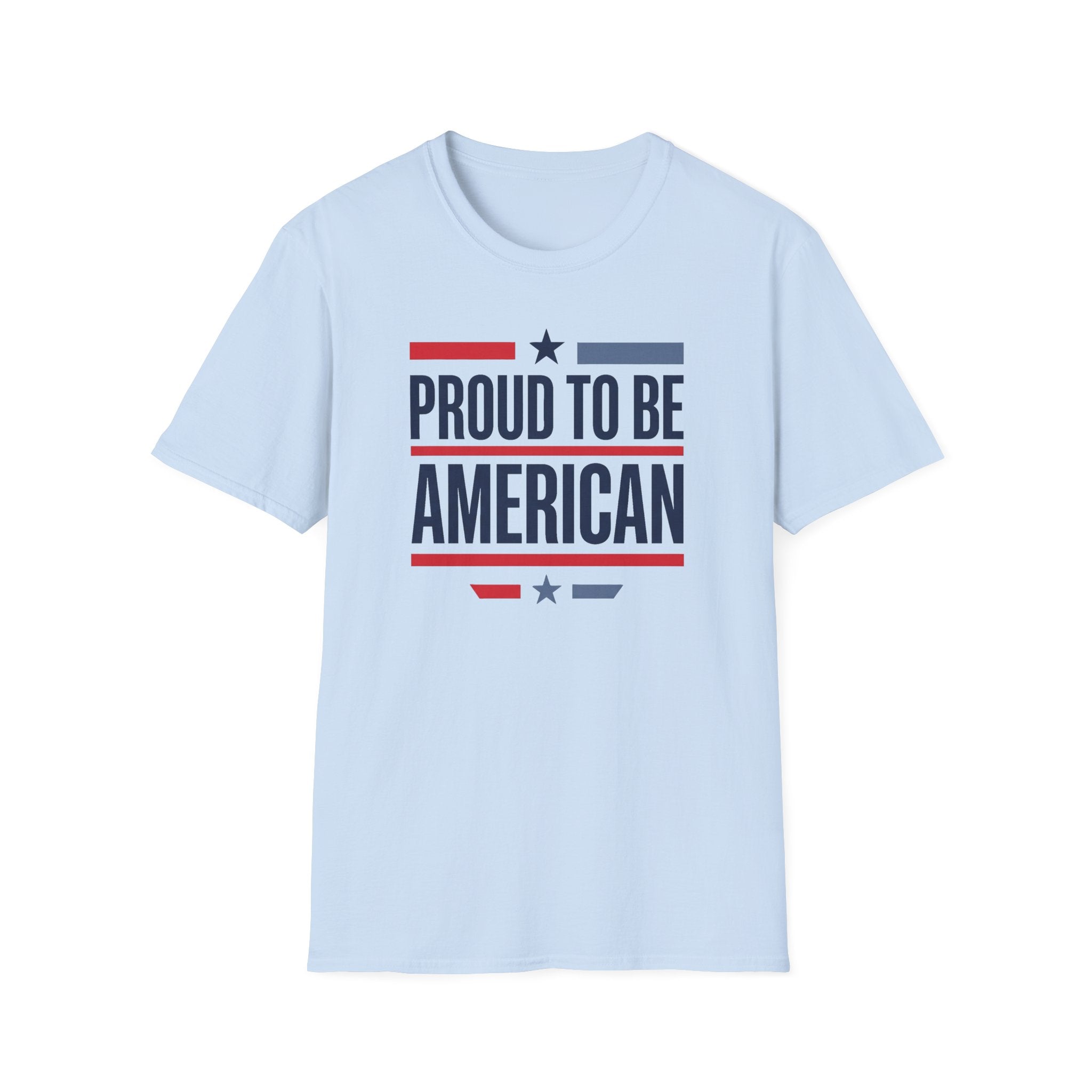 Light blue T-shirt with “PROUD TO BE AMERICAN” flag-style text graphic.