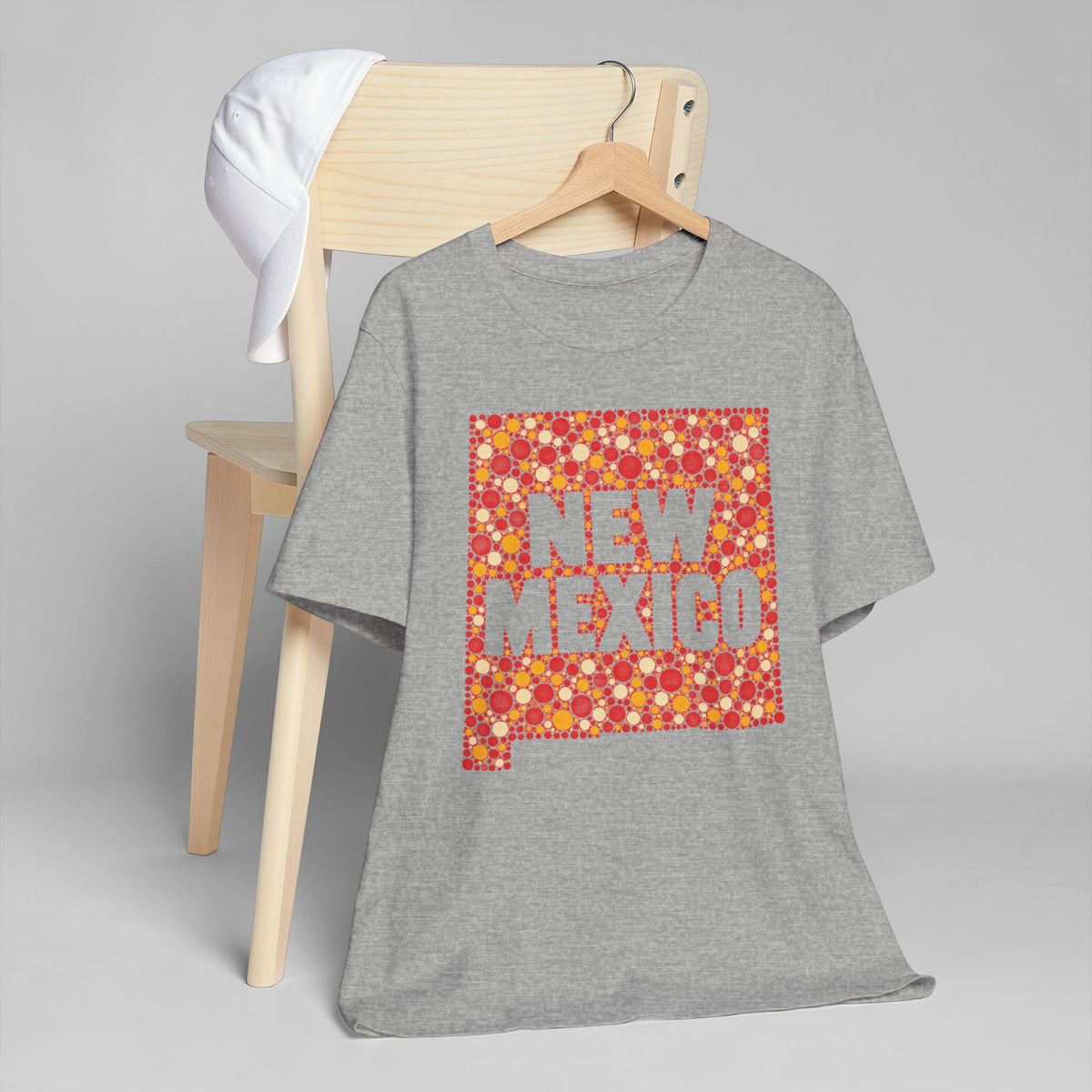 Heather gray crew-neck T-shirt with red and yellow "NEW MEXICO" graphic
