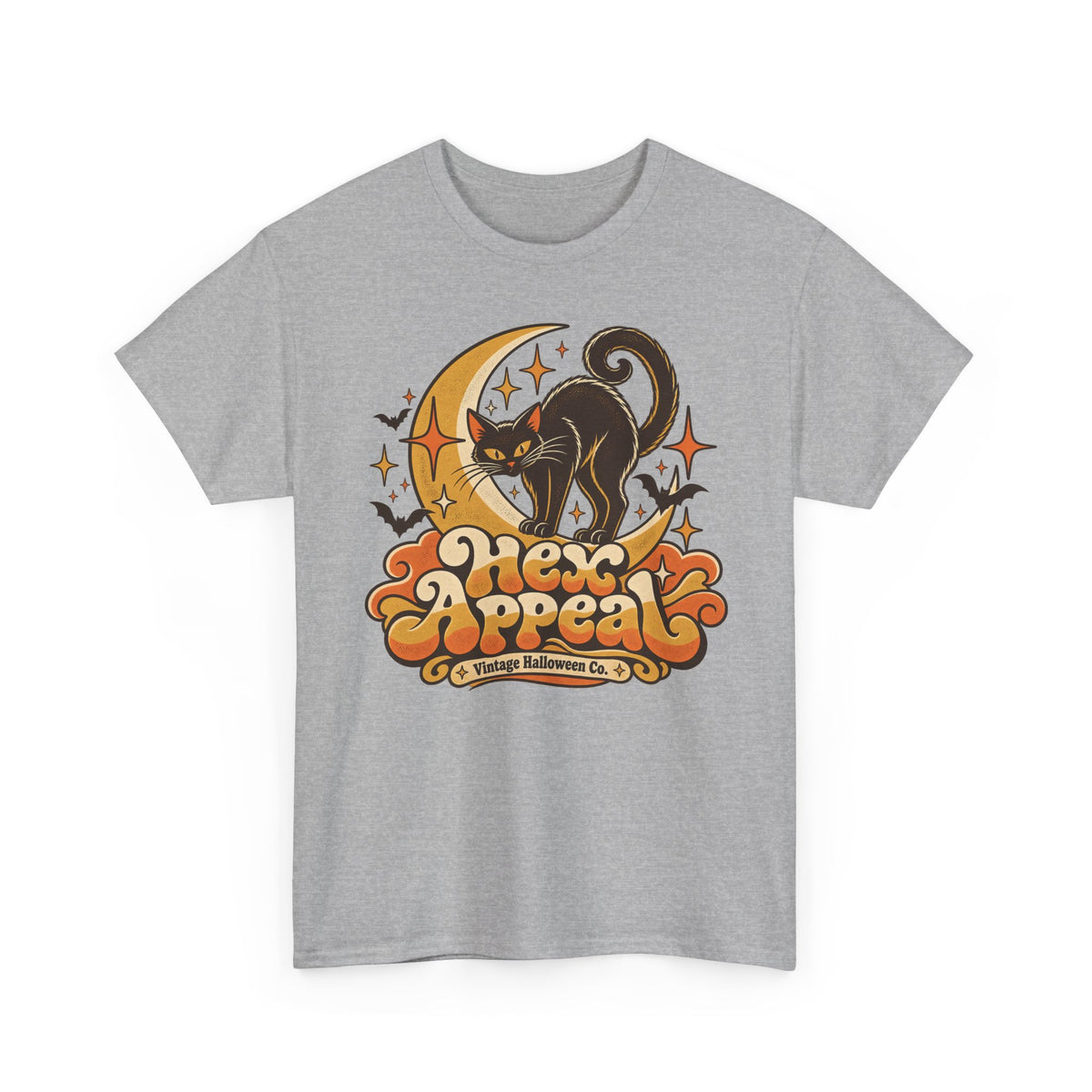 Hex Appeal Black Cat T-Shirt, Retro Crescent Moon Witchy Halloween Shirt for Women and Men, Funny Spooky Cat Lover Tee