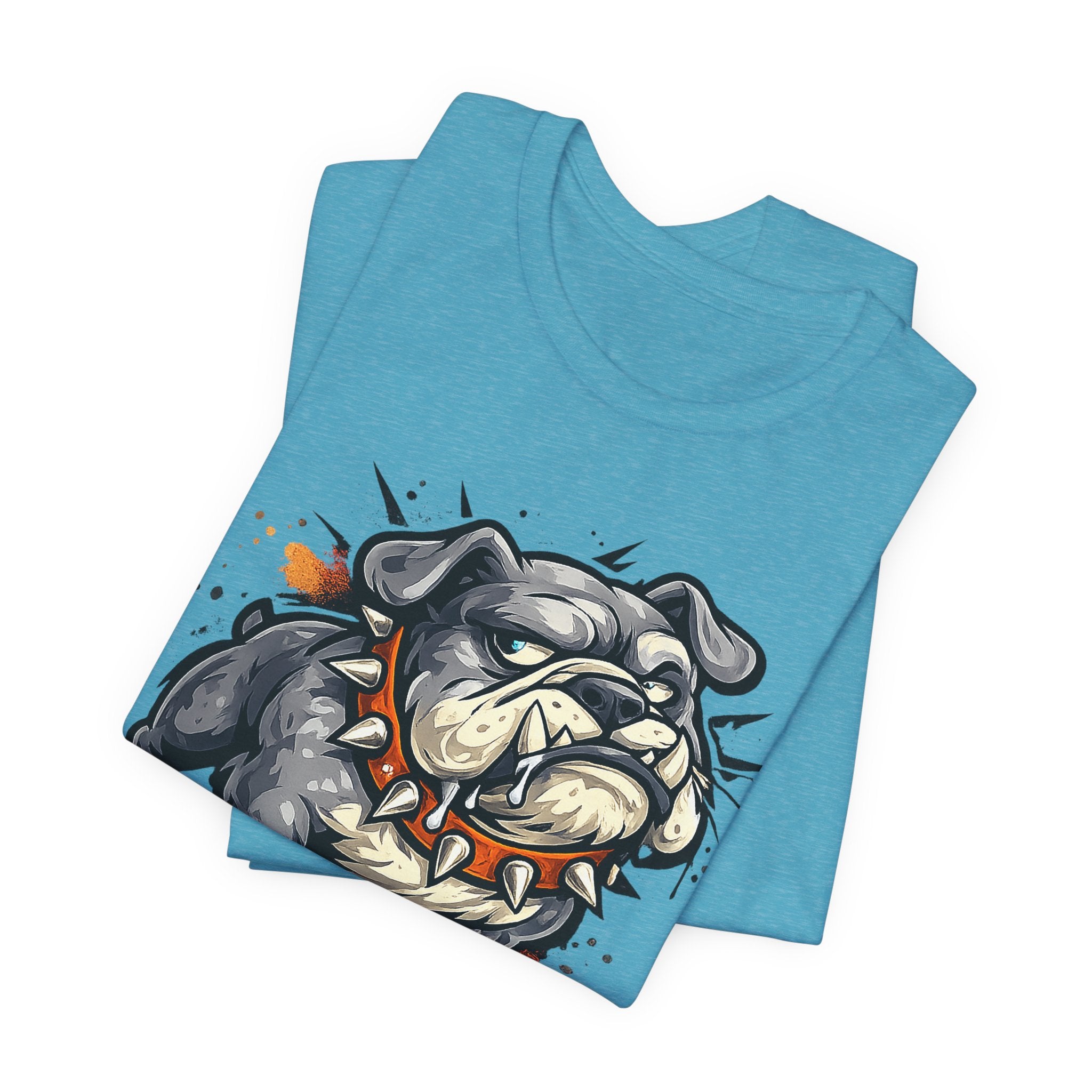 Light blue unisex crewneck tee with snarling bulldog graphic