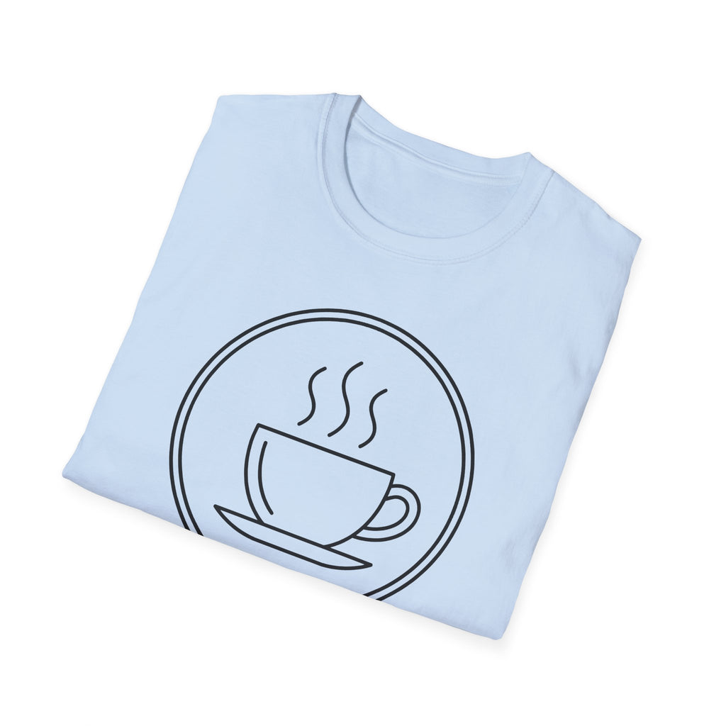 Light blue coffee cup graphic unisex T-shirt with steaming mug logo