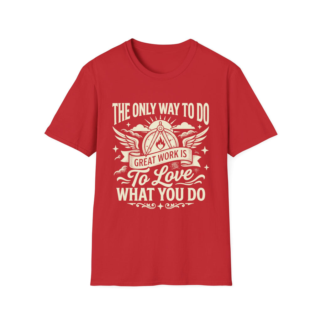 Red T-shirt with “To love what you do” quote and winged emblem