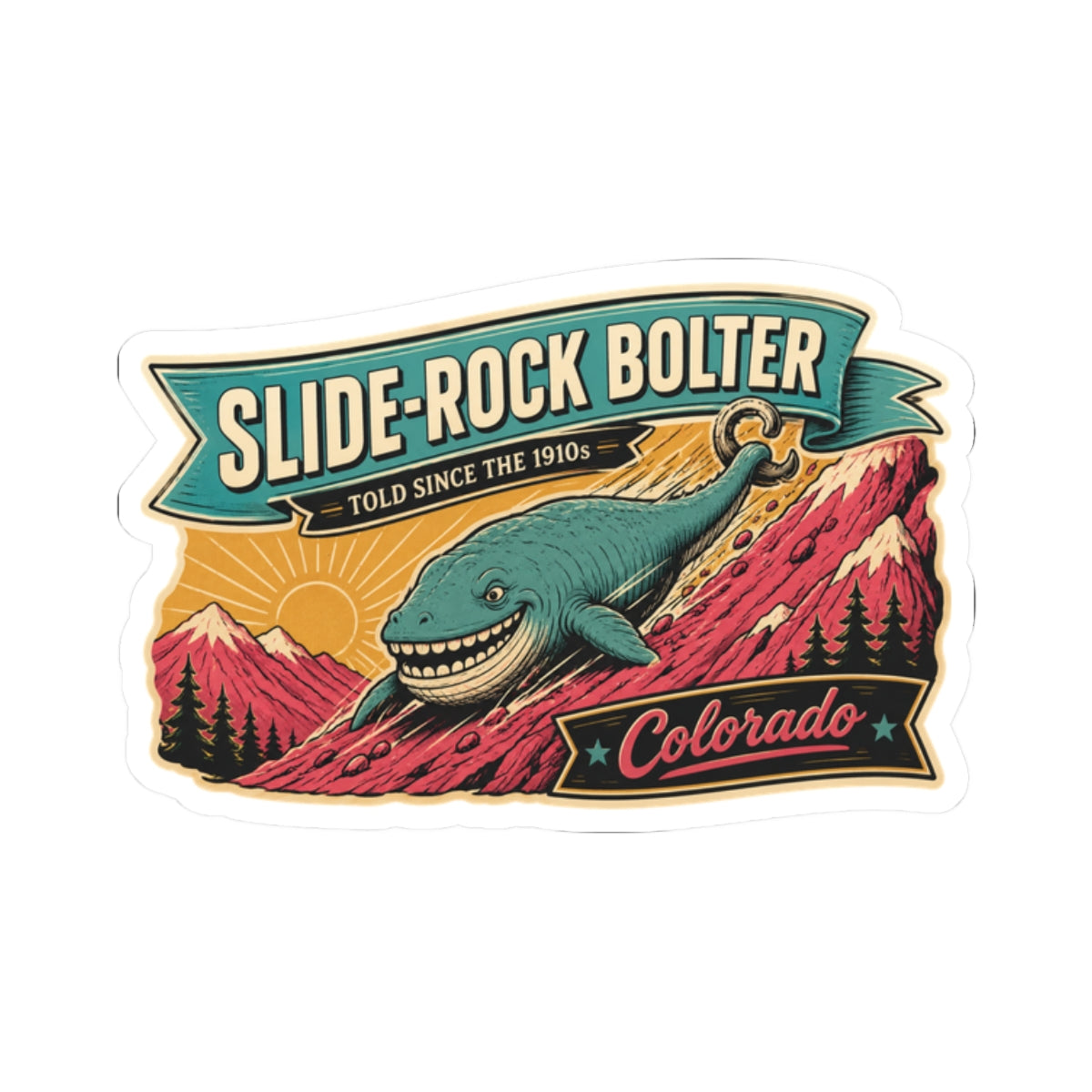 Colorful vintage sticker featuring a teal whale over red mountains and 'Colorado'