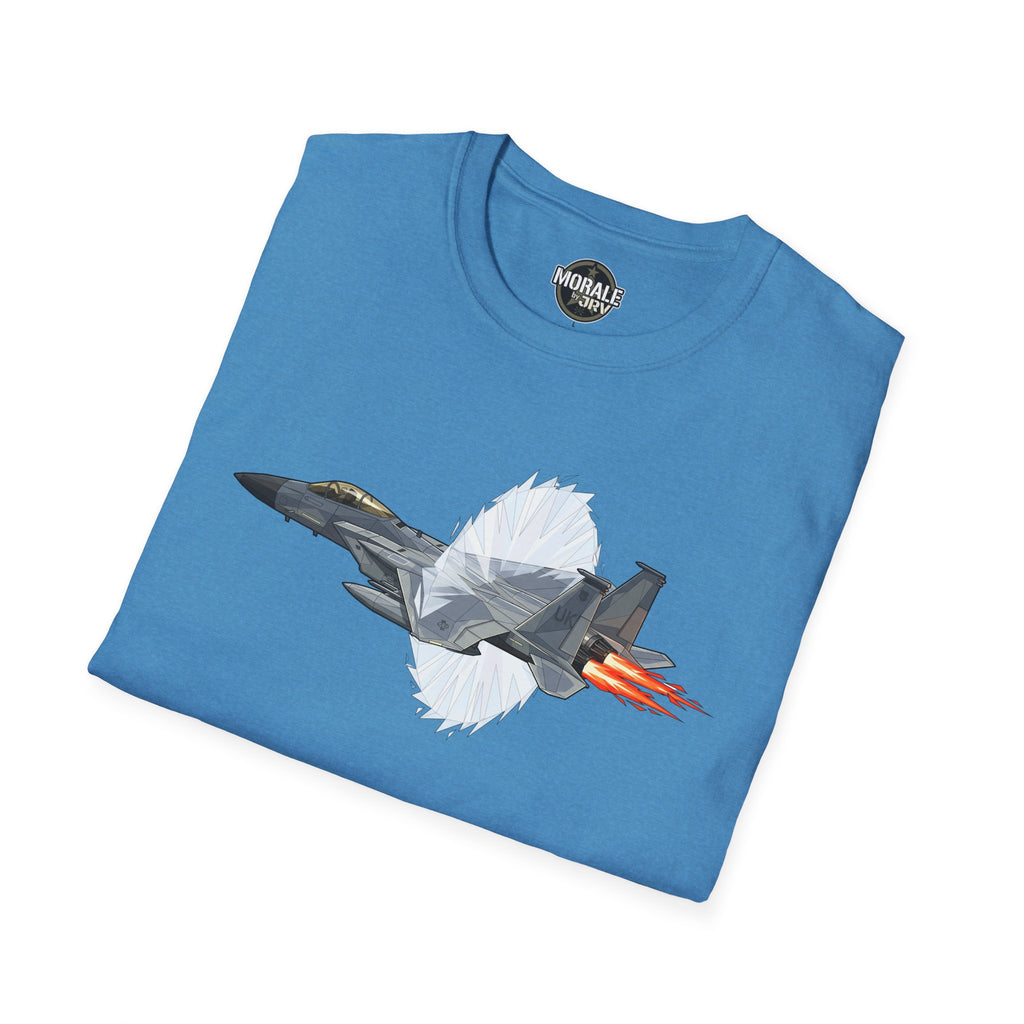 Blue T-shirt with fighter jet graphic and orange afterburner flames