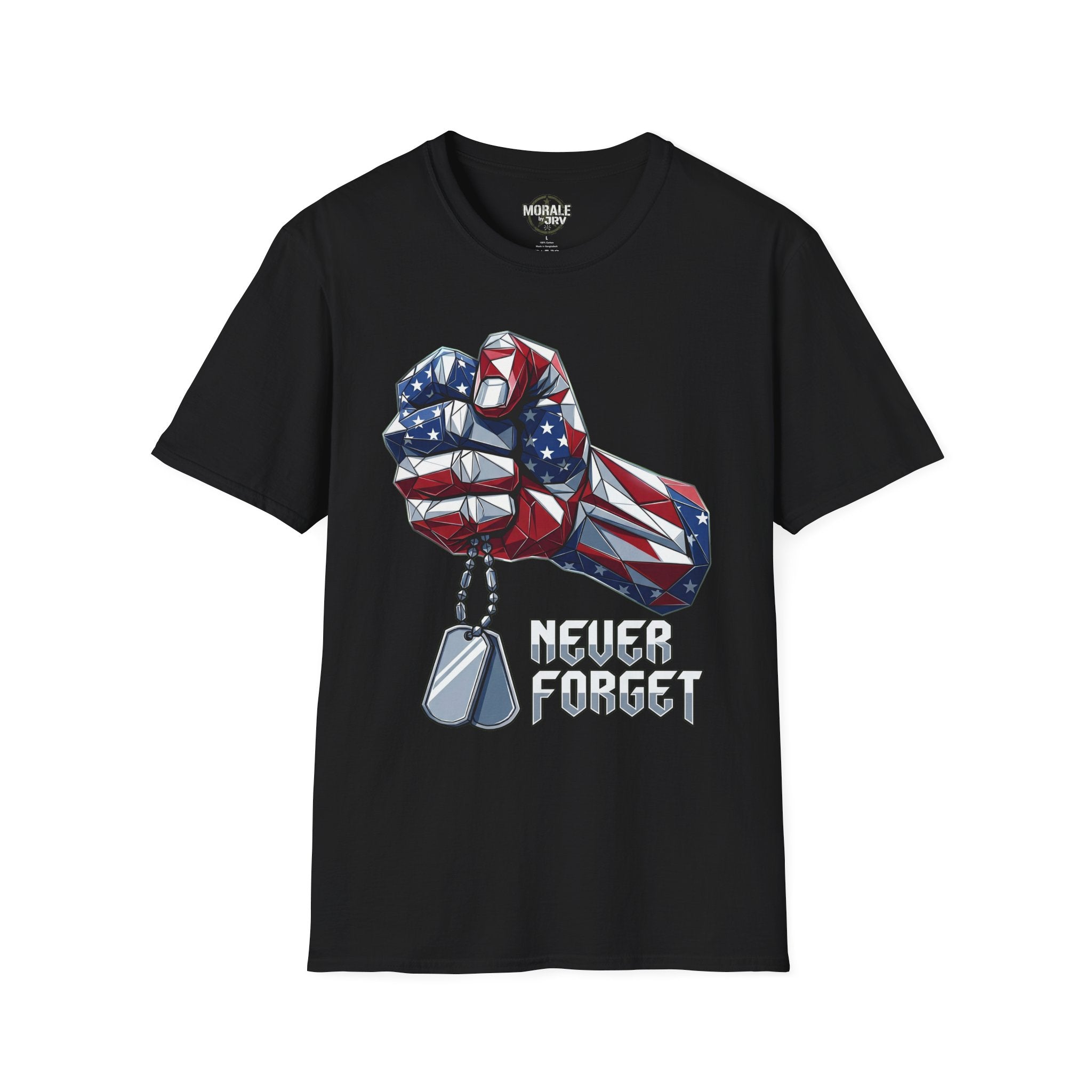 Black T-shirt with patriotic fist graphic, dog tags, and “Never Forget” wording