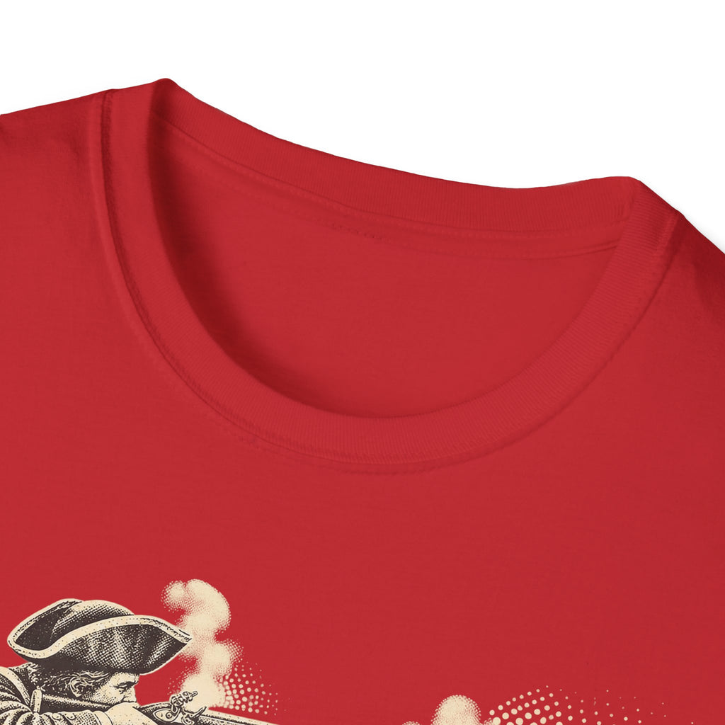 Red crewneck T-shirt close-up with front graphic of a colonial figure firing a musket