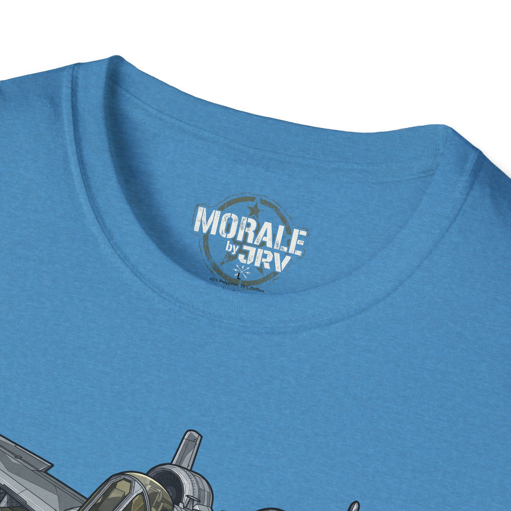 Blue T-shirt close-up of neckline print text and upper graphic