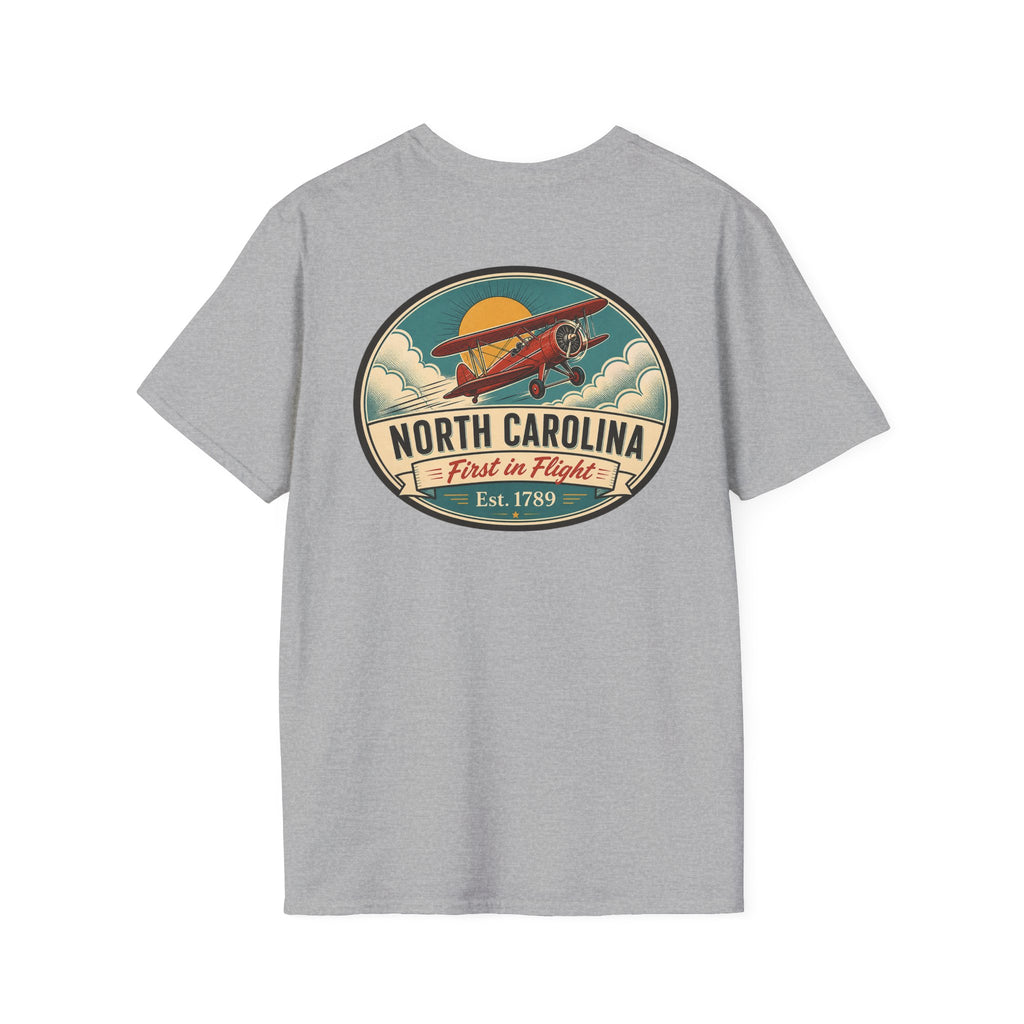 Heather gray T-shirt with North Carolina biplane oval graphic, crewneck short sleeves