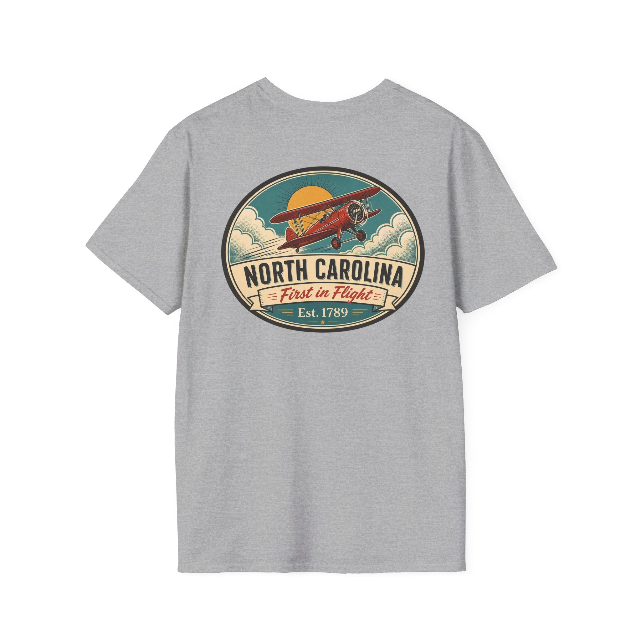Heather gray T-shirt with North Carolina biplane oval graphic, crewneck short sleeves