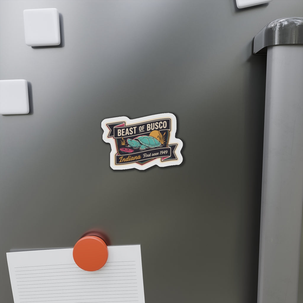 Die-cut turtle sticker magnet on stainless steel fridge door with turquoise turtle illustration
