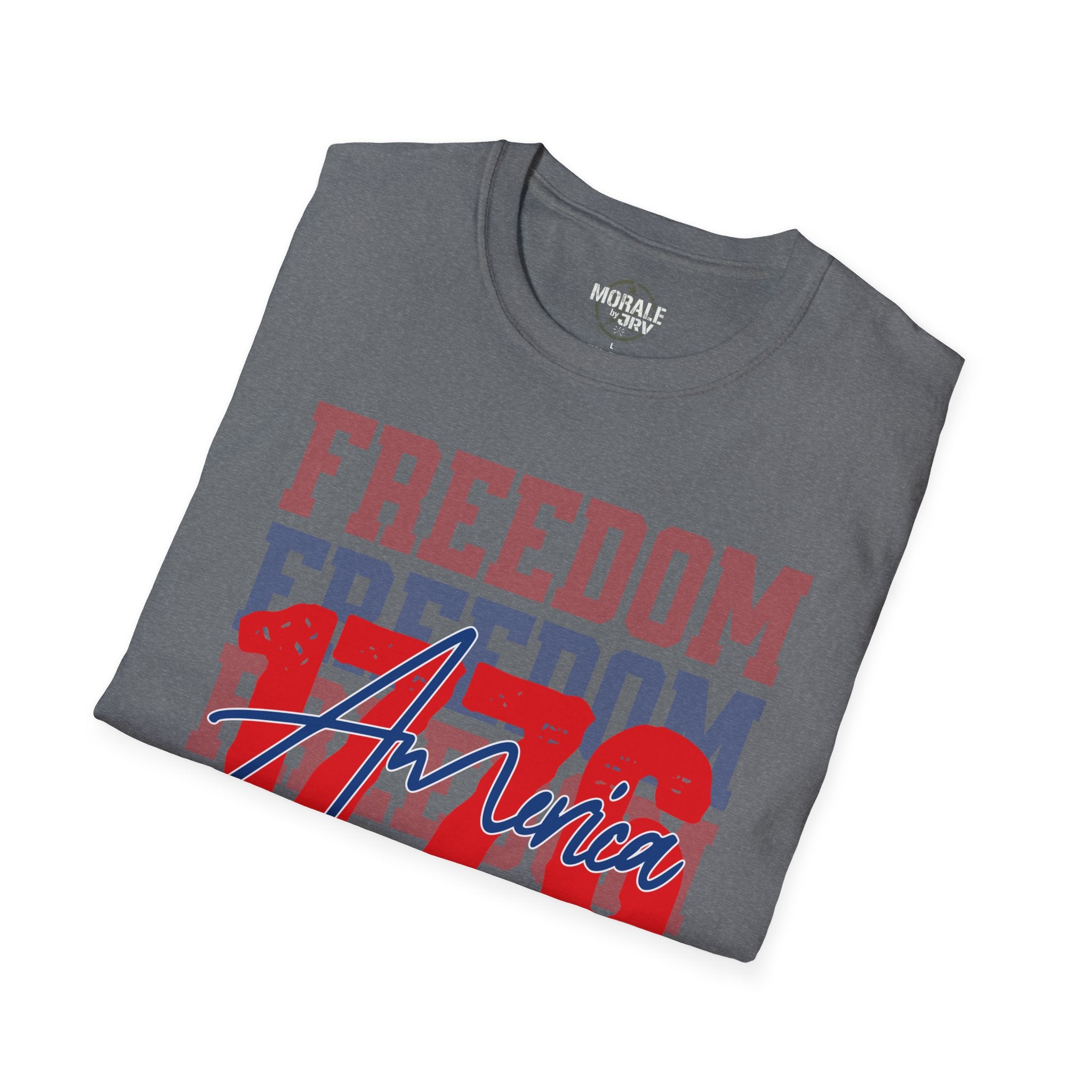 Dark heather t-shirt with FREEDOM and America patriotic graphic across front