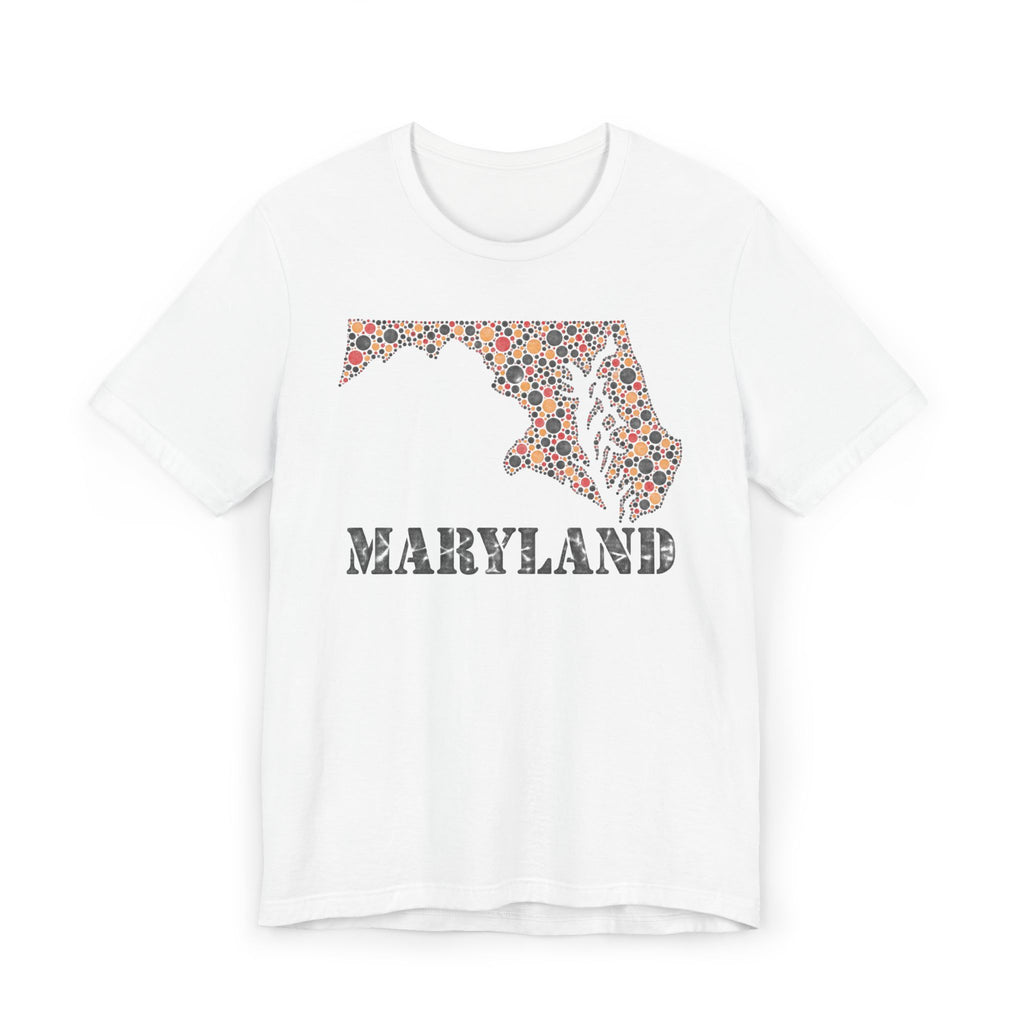 White Maryland floral map graphic T-shirt with dotted map and 'MARYLAND' lettering