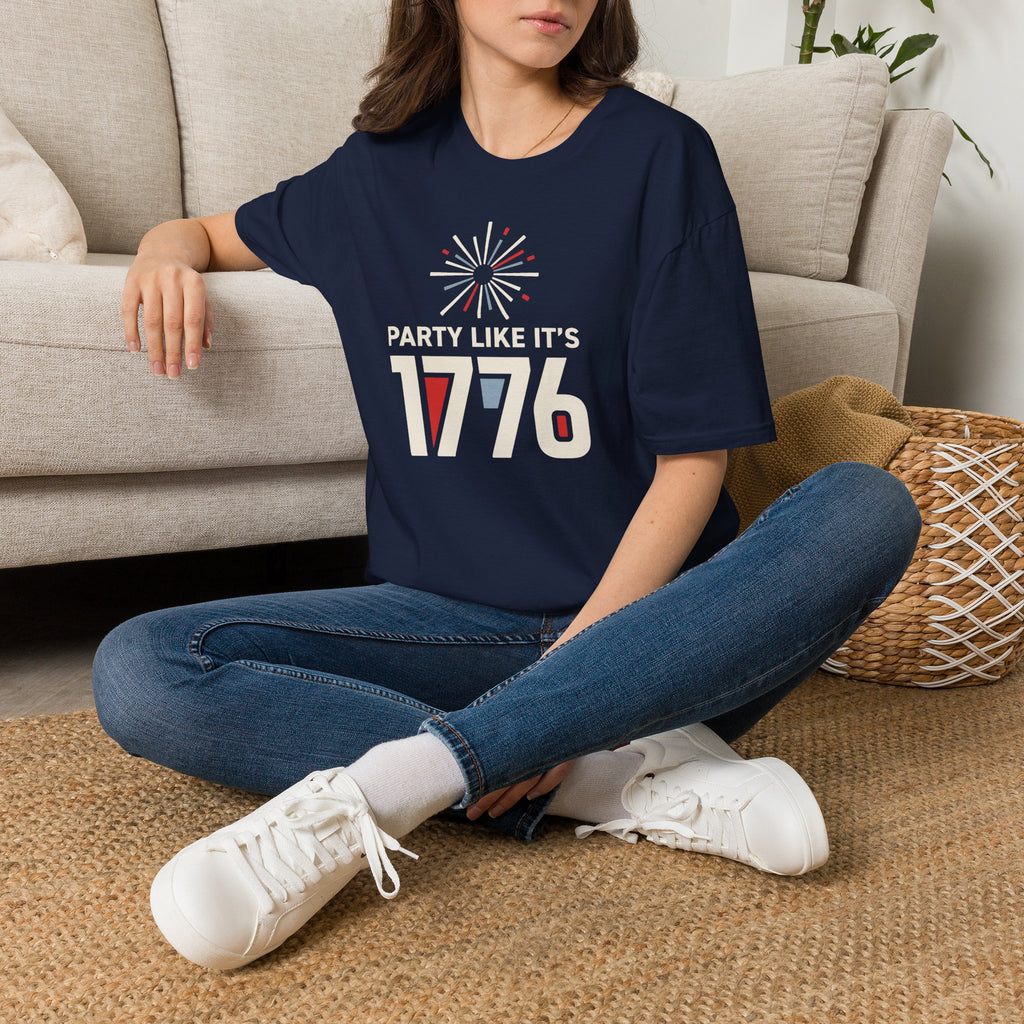 Navy crewneck T-shirt with firework burst and “1776” graphic