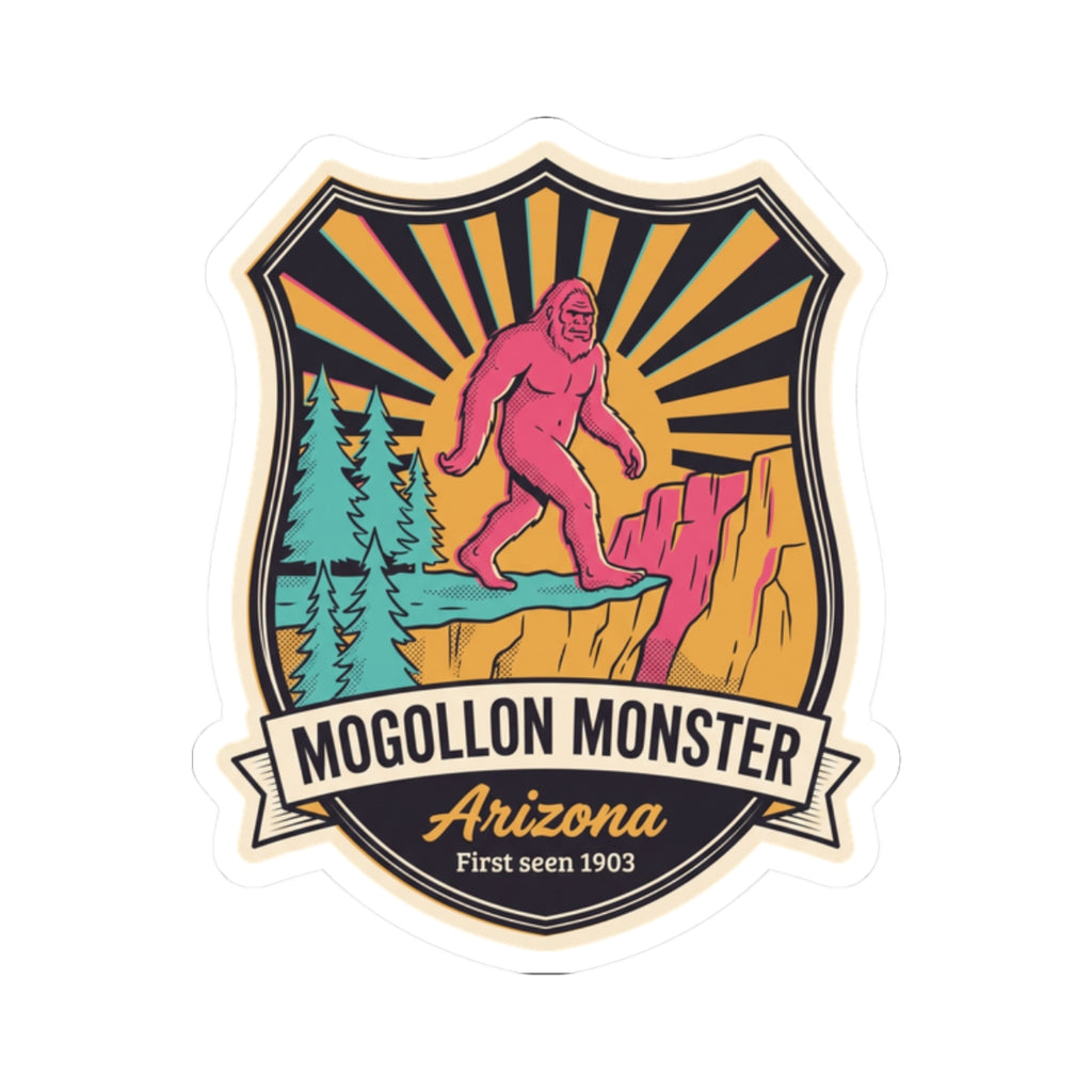 Mogollon Monster Arizona sticker, retro patch illustration of a Sasquatch on a cliff with rays