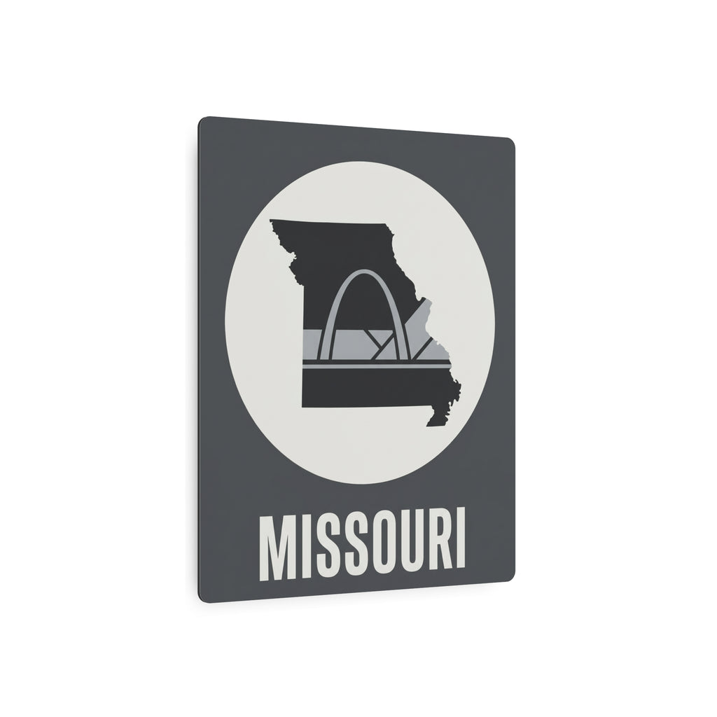 Square dark gray Missouri metal wall art sign with Gateway Arch graphic and “MISSOURI” text.