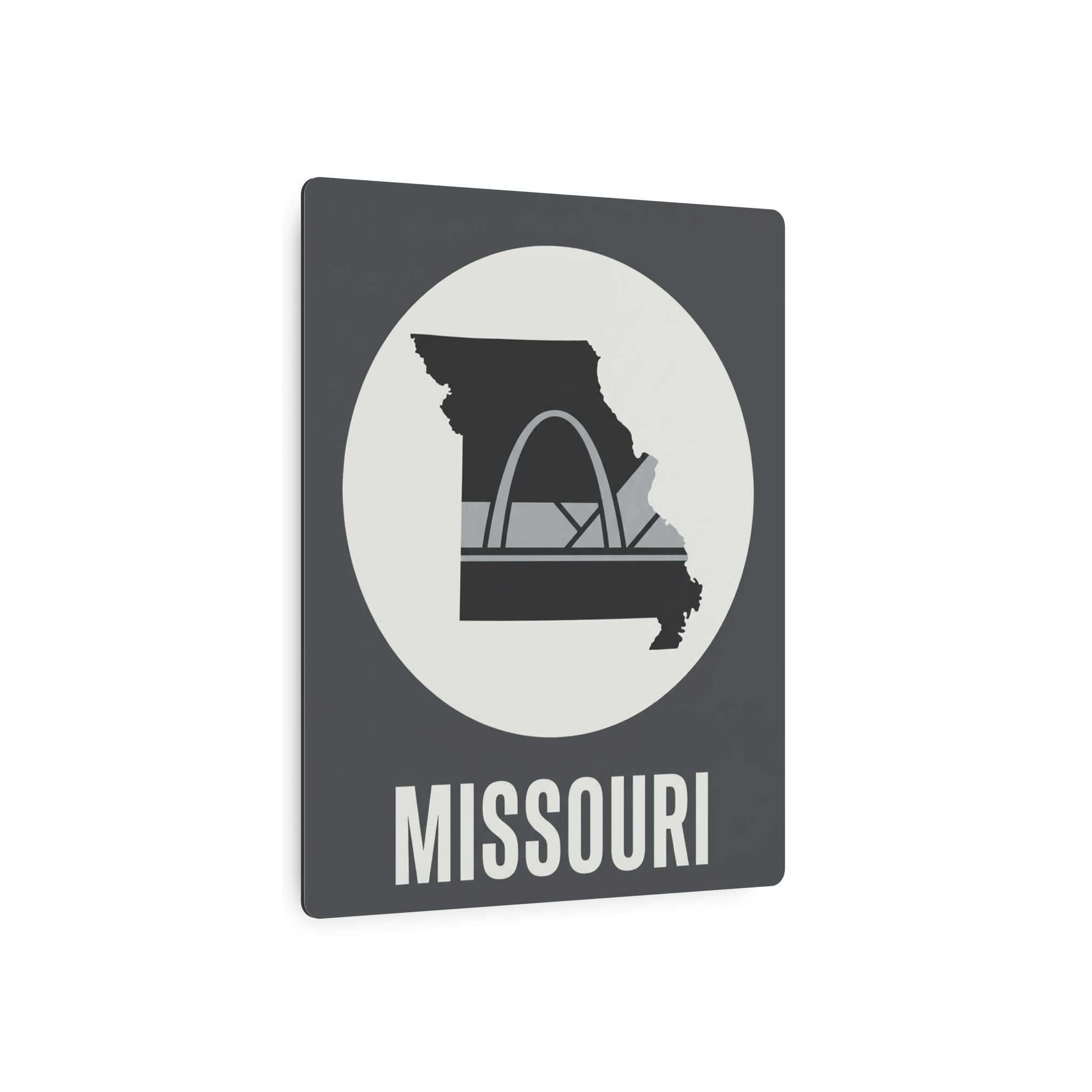 Square dark gray Missouri metal wall art sign with Gateway Arch graphic and “MISSOURI” text.