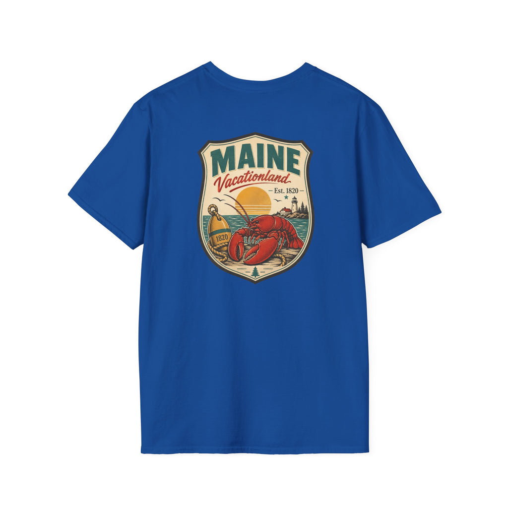 Royal blue Maine graphic T-shirt with shield logo and lobster artwork on chest