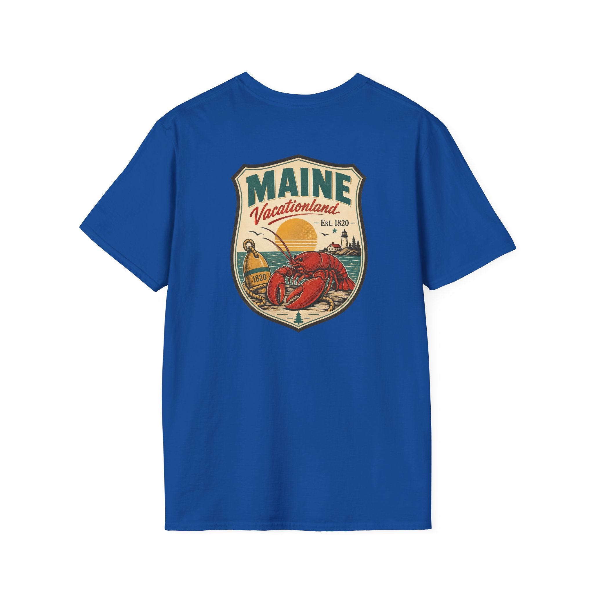 Royal blue Maine graphic T-shirt with shield logo and lobster artwork on chest