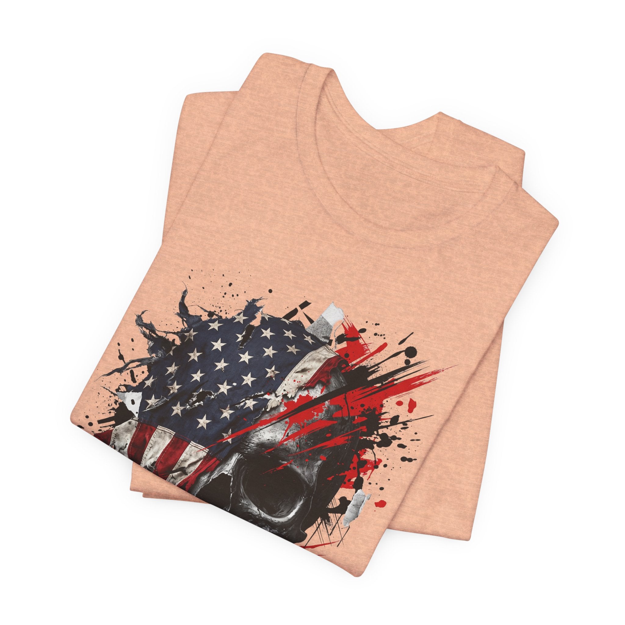 Peach crewneck T-shirt with patriotic skull flag graphic, red-white-blue splashes