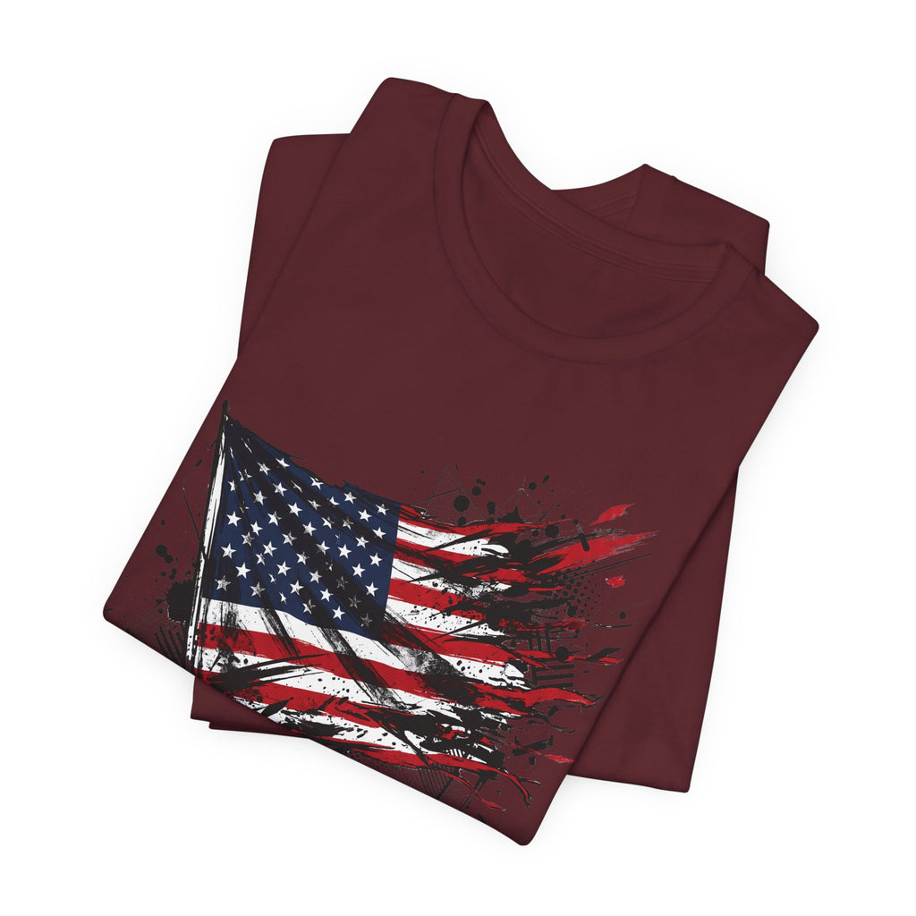 Dark maroon T-shirt with distressed American flag graphic across the front