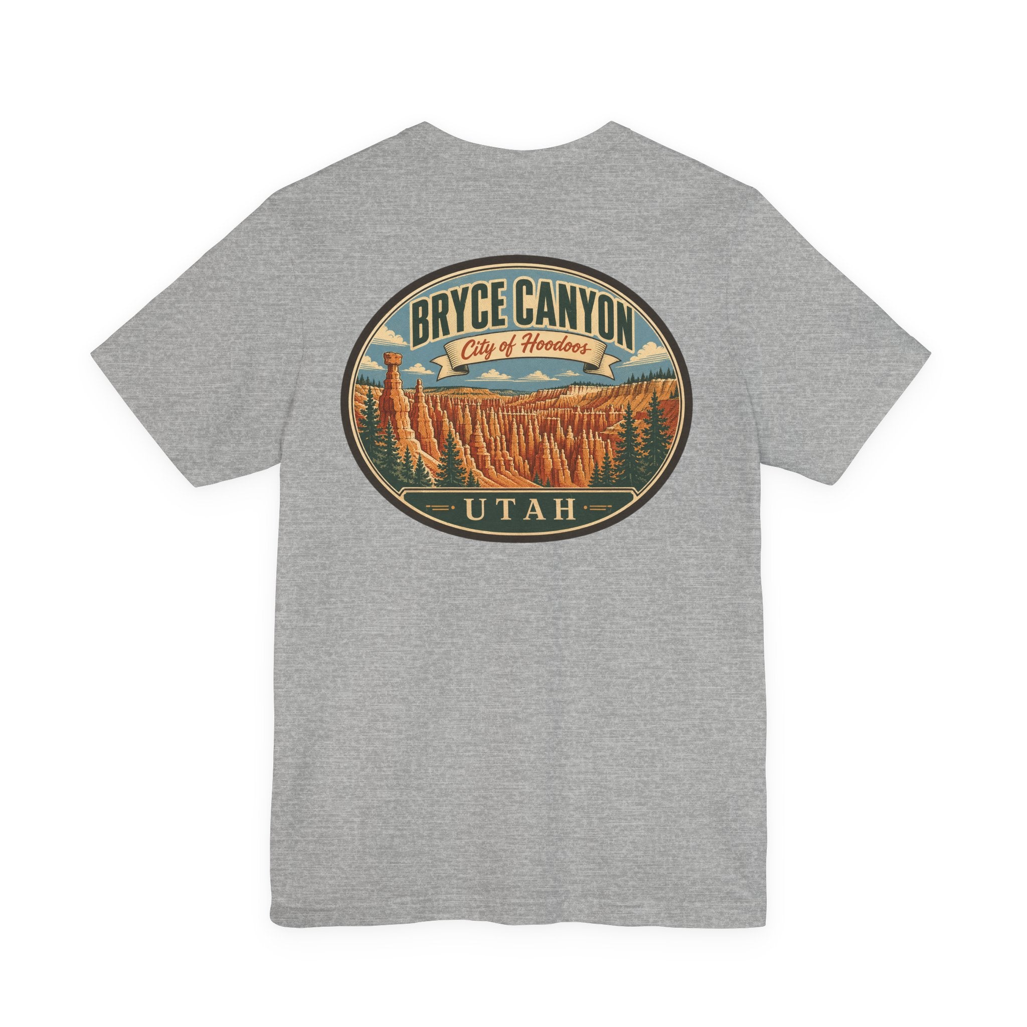 Gray crewneck T-shirt with large circular Bryce Canyon City of Hoodoo graphic on back