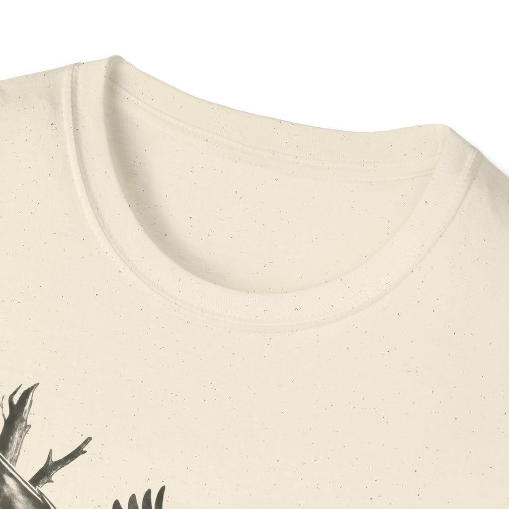 Natural color crew-neck T-shirt neckline detail with soft fabric texture