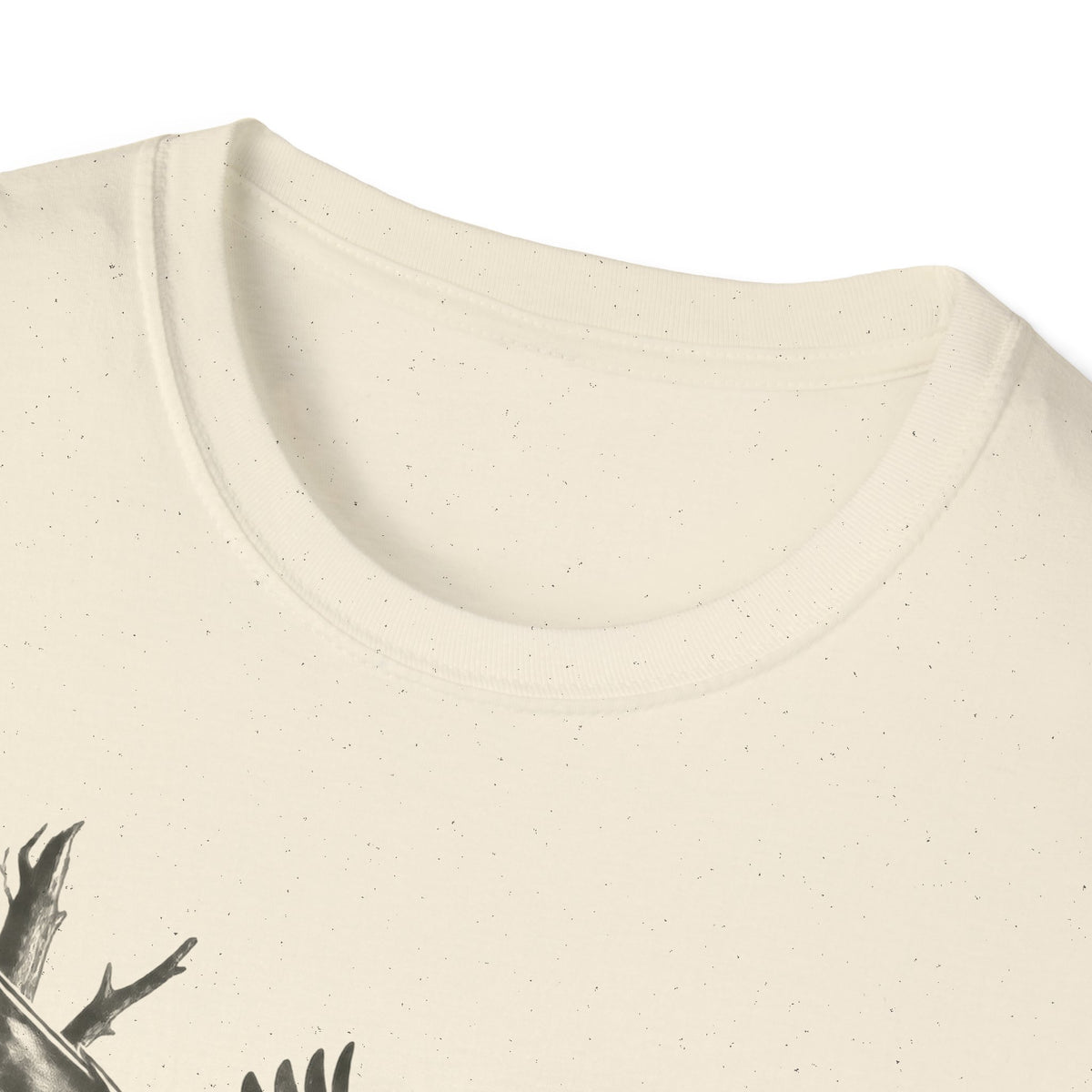 Natural color crew-neck T-shirt neckline detail with soft fabric texture