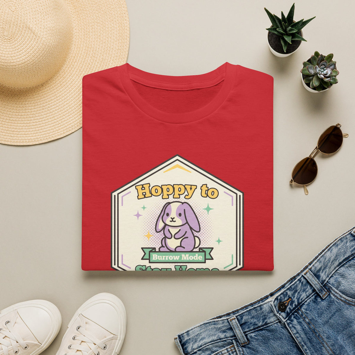 Red unisex graphic T-shirt with cute bunny 'Stay Home' badge