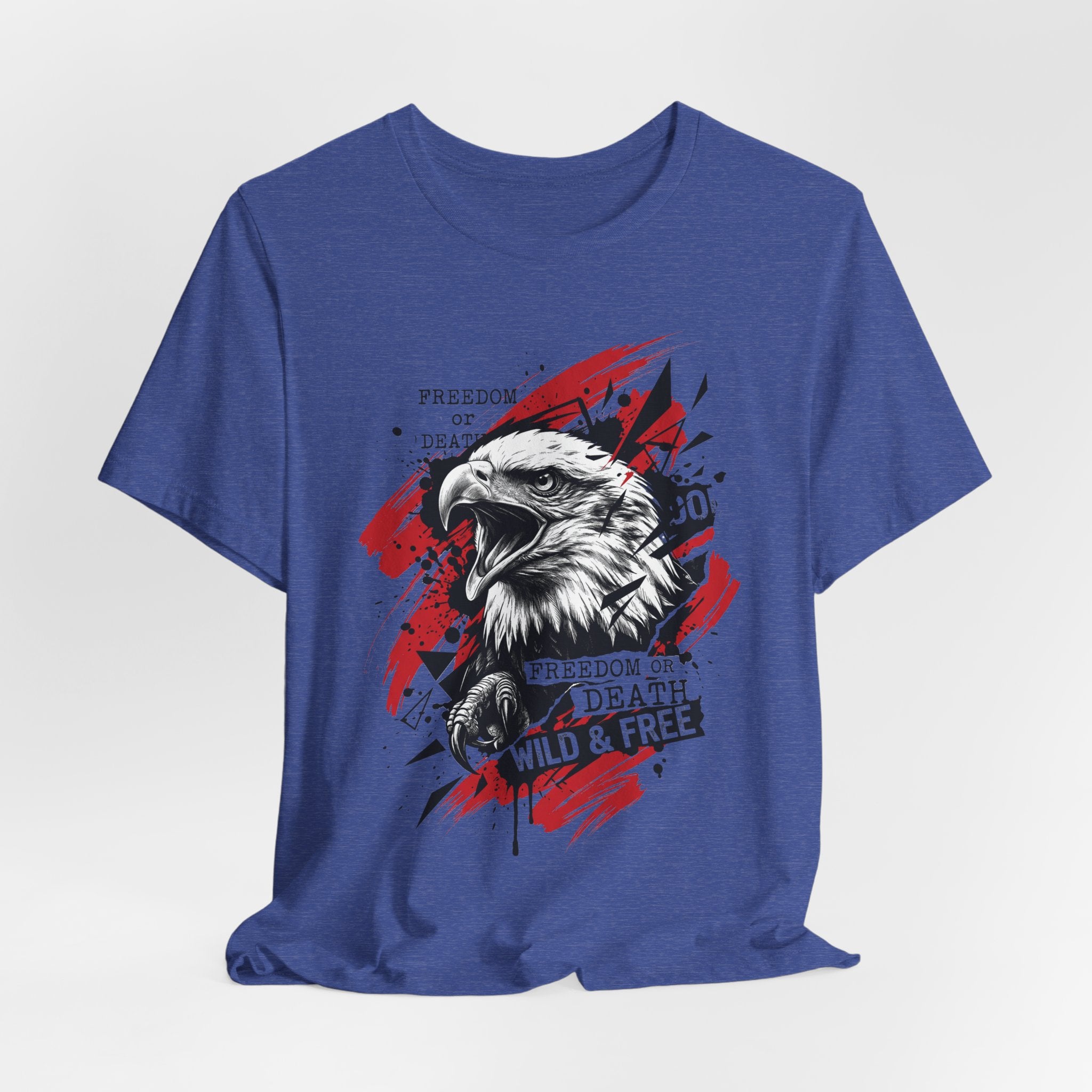 Blue T-shirt with red splatter eagle head graphic