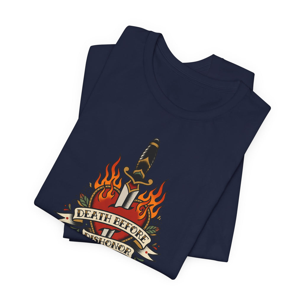 Navy crew-neck T-shirt with dagger and flames graphic.