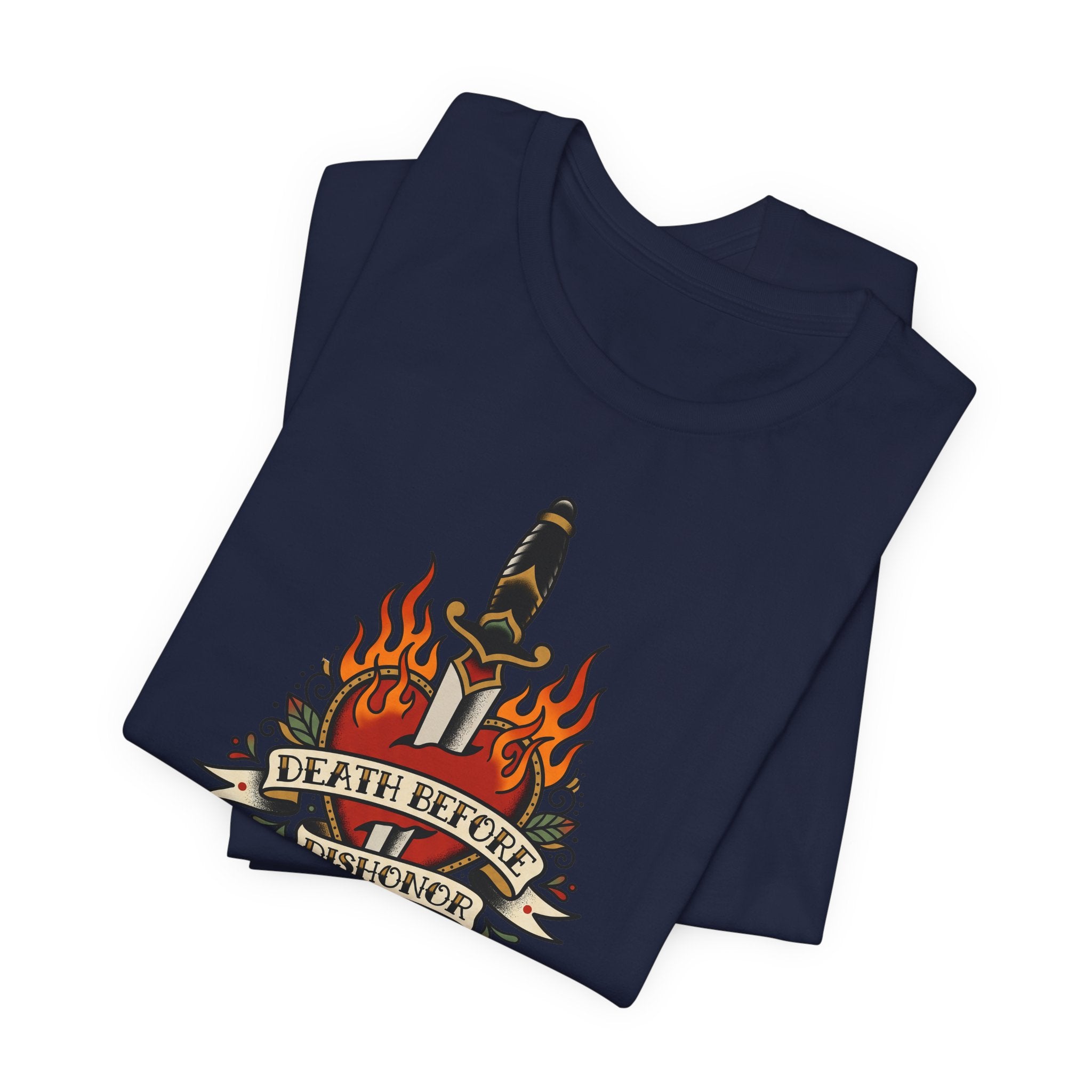 Navy crew-neck T-shirt with dagger and flames graphic.