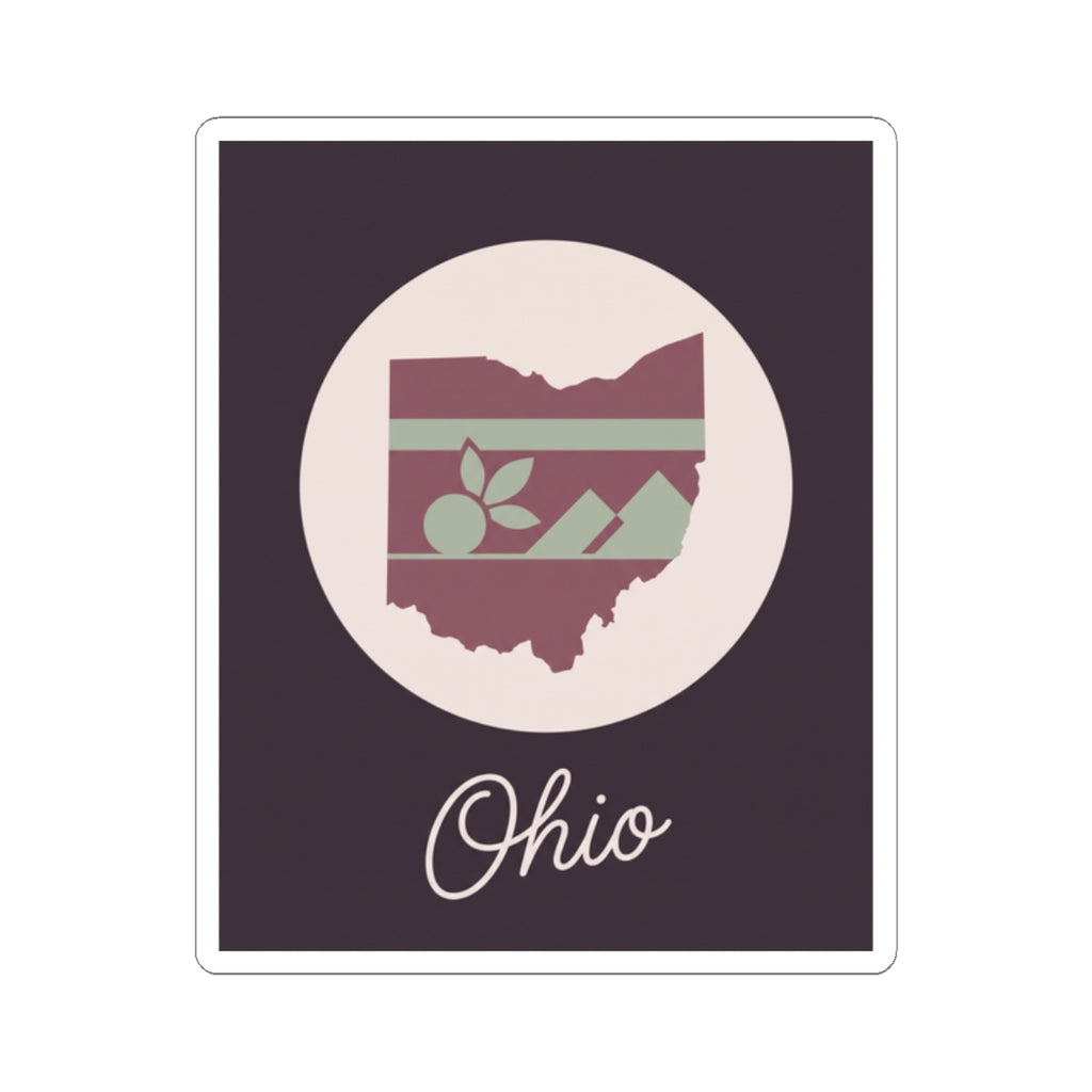 Ohio state kiss-cut decal with circular design, floral stripe map, and “Ohio” lettering