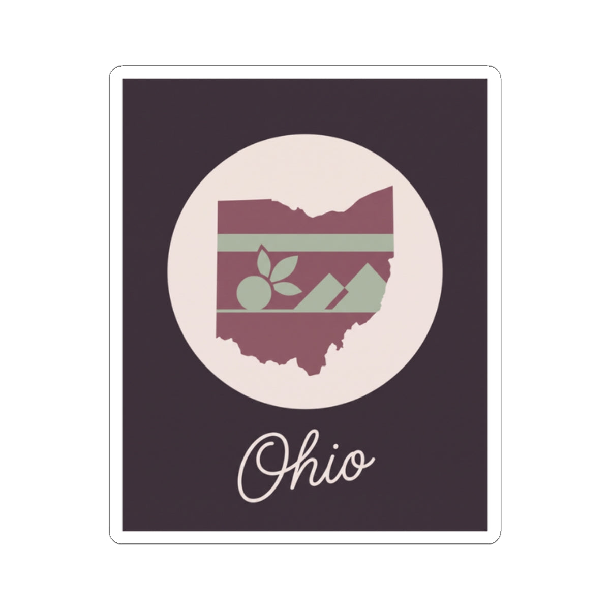 Ohio state kiss-cut decal with circular design, floral stripe map, and “Ohio” lettering