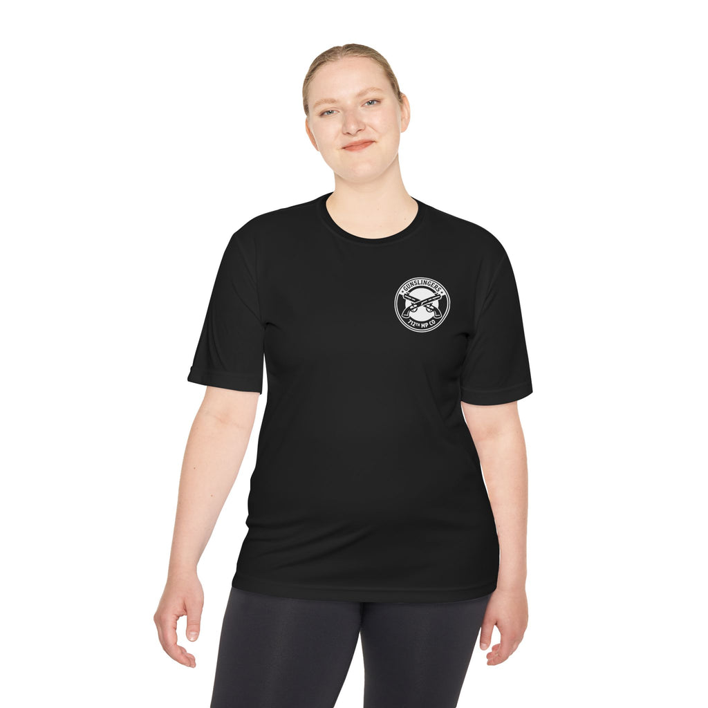 Black T-shirt with circular chest emblem, front view