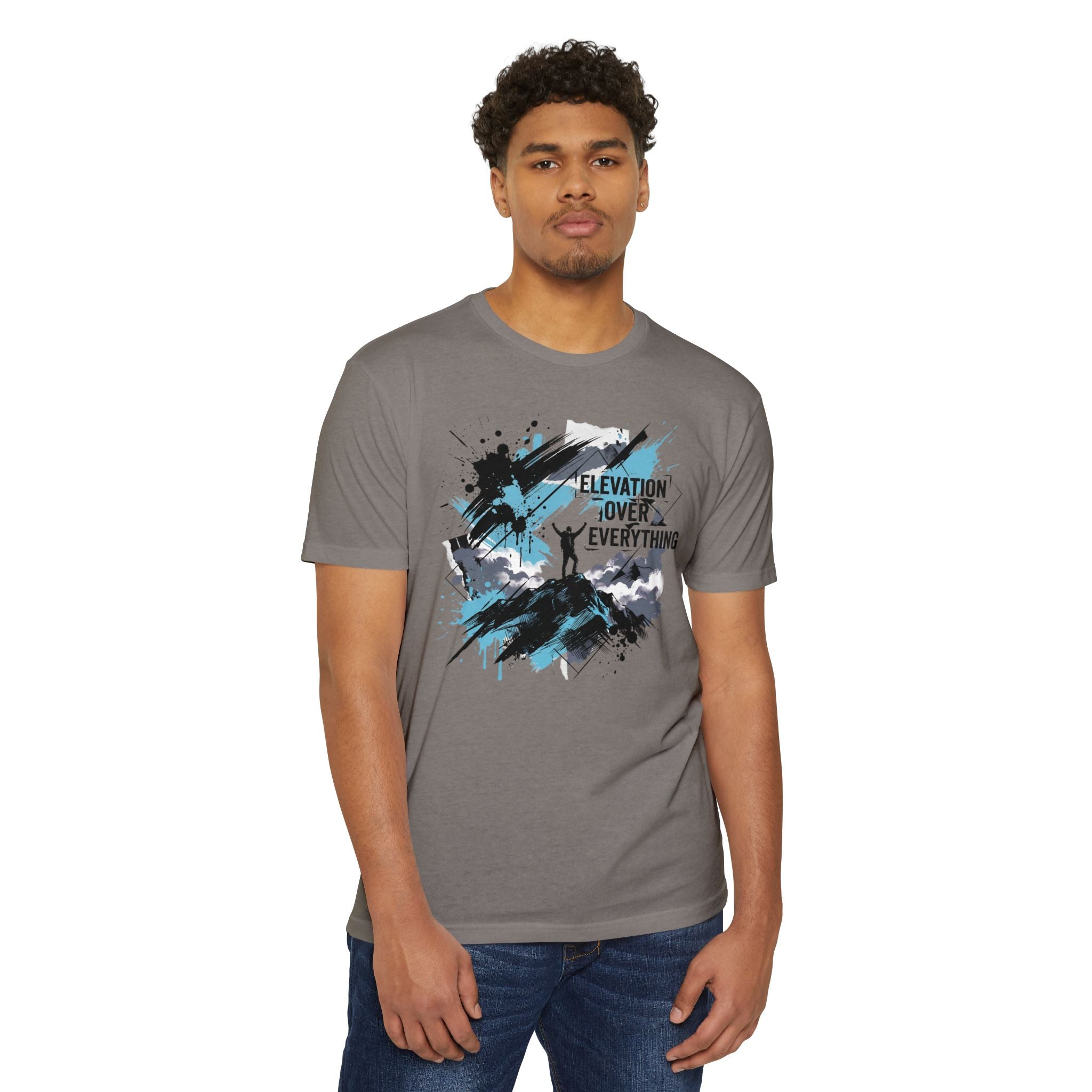 Medium gray T-shirt with blue-and-black splatter graphic on the front