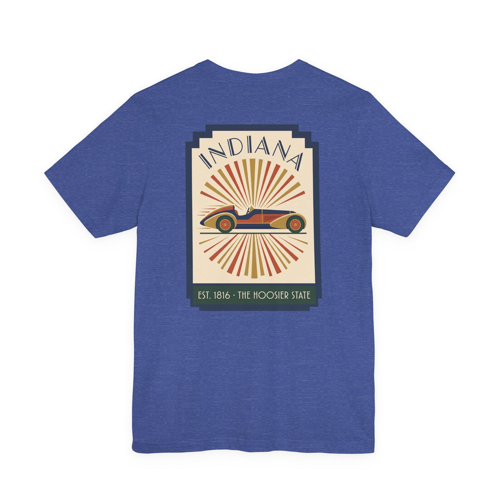 Royal blue T-shirt with centered vintage Indiana racecar graphic in a square frame.