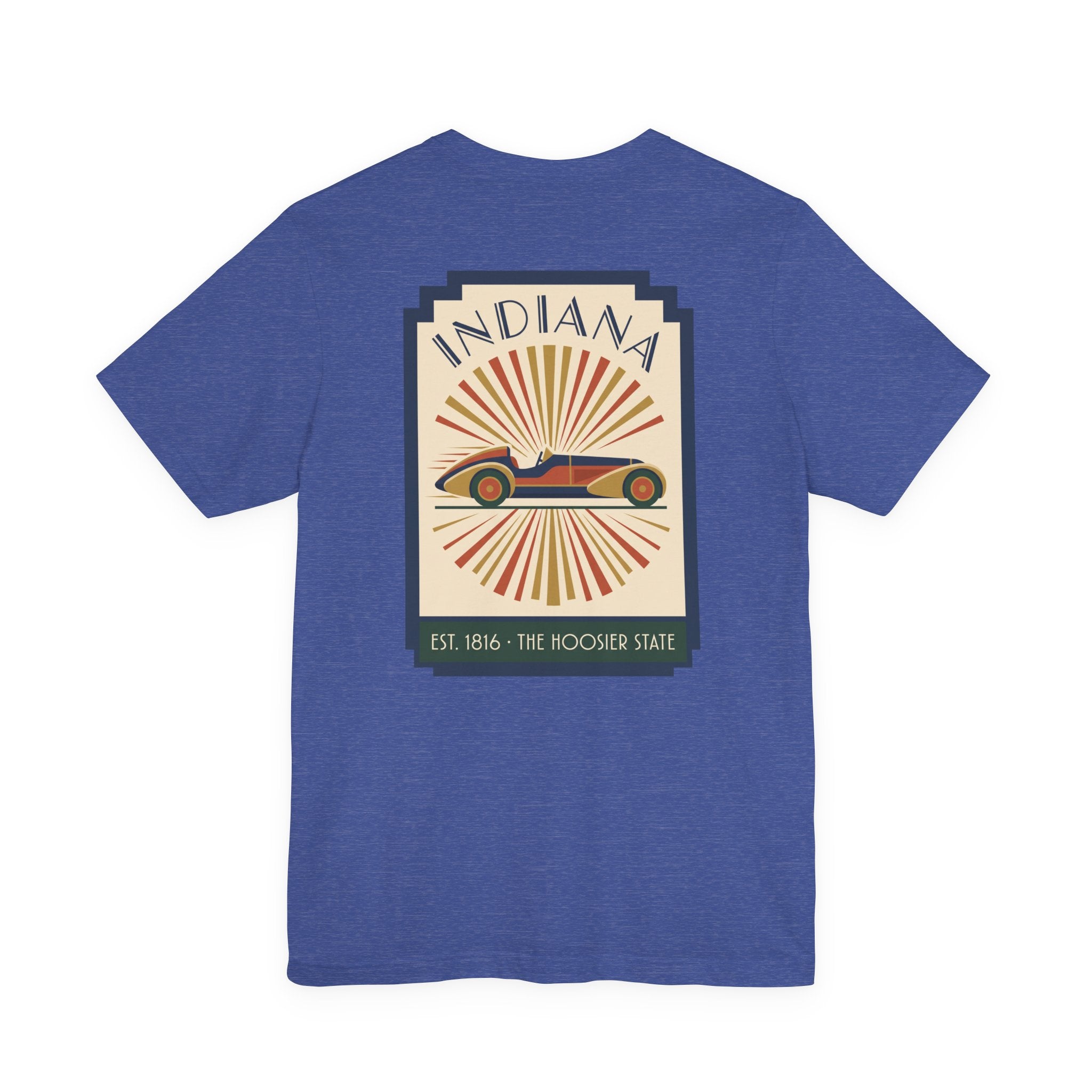 Royal blue T-shirt with centered vintage Indiana racecar graphic in a square frame.