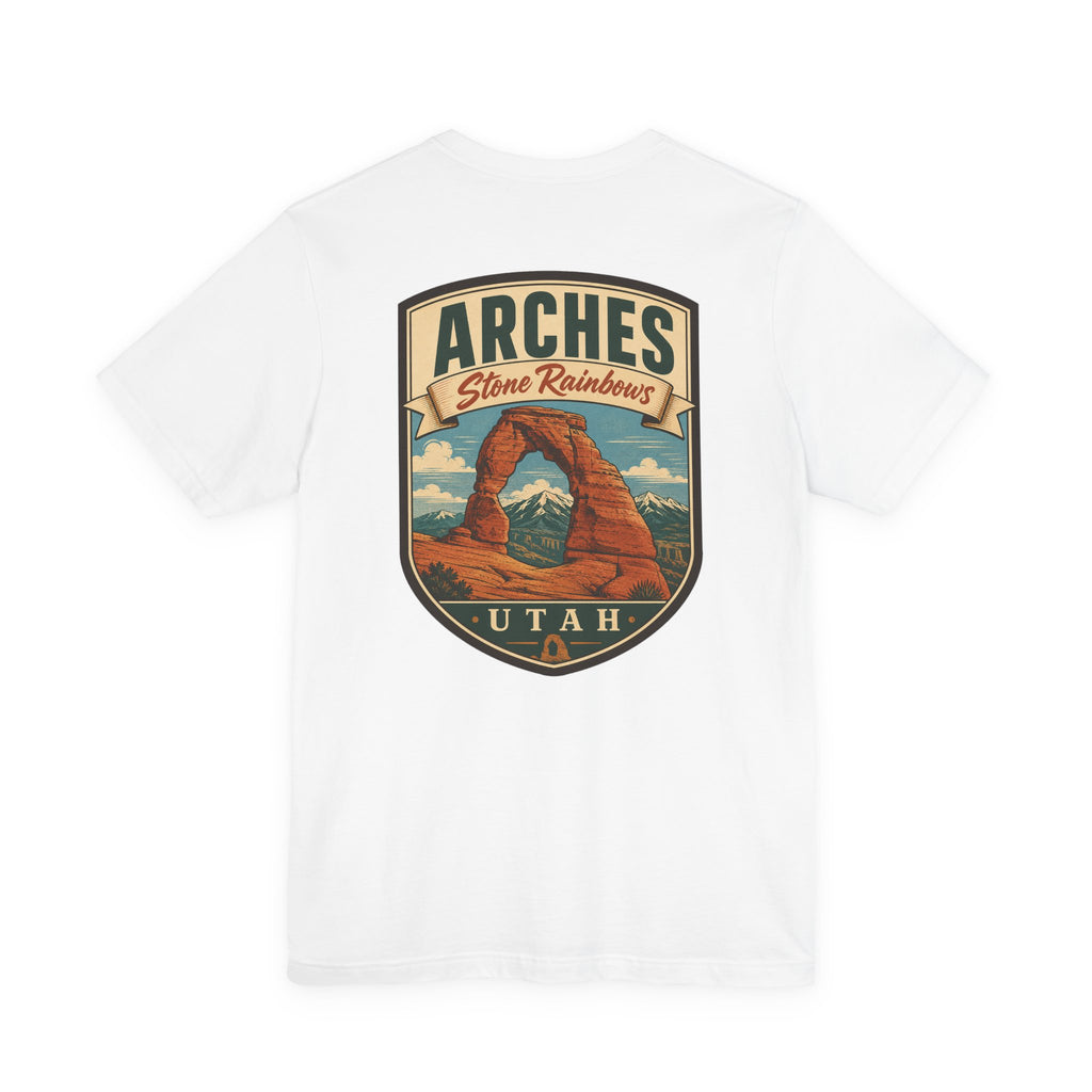 White t-shirt with large Arches Utah shield graphic on the chest