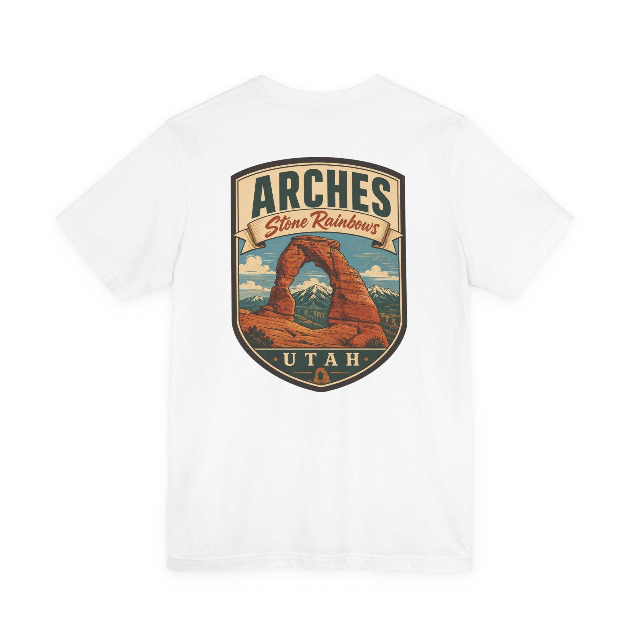 White t-shirt with large Arches Utah shield graphic on the chest