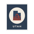 Utah arch sticker with navy square design, white circular backdrop, red emblem, "UTAH"