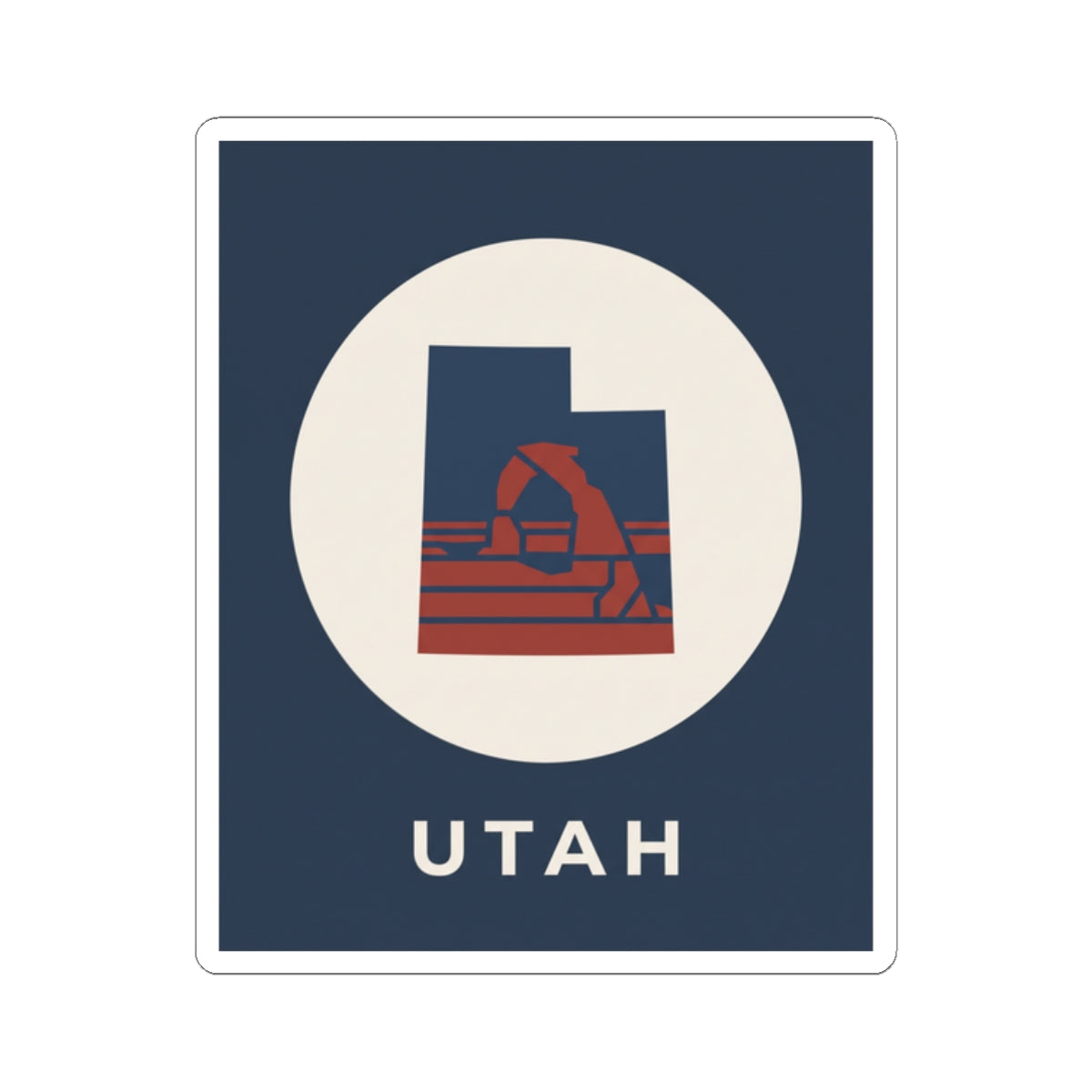 Utah arch sticker with navy square design, white circular backdrop, red emblem, "UTAH"