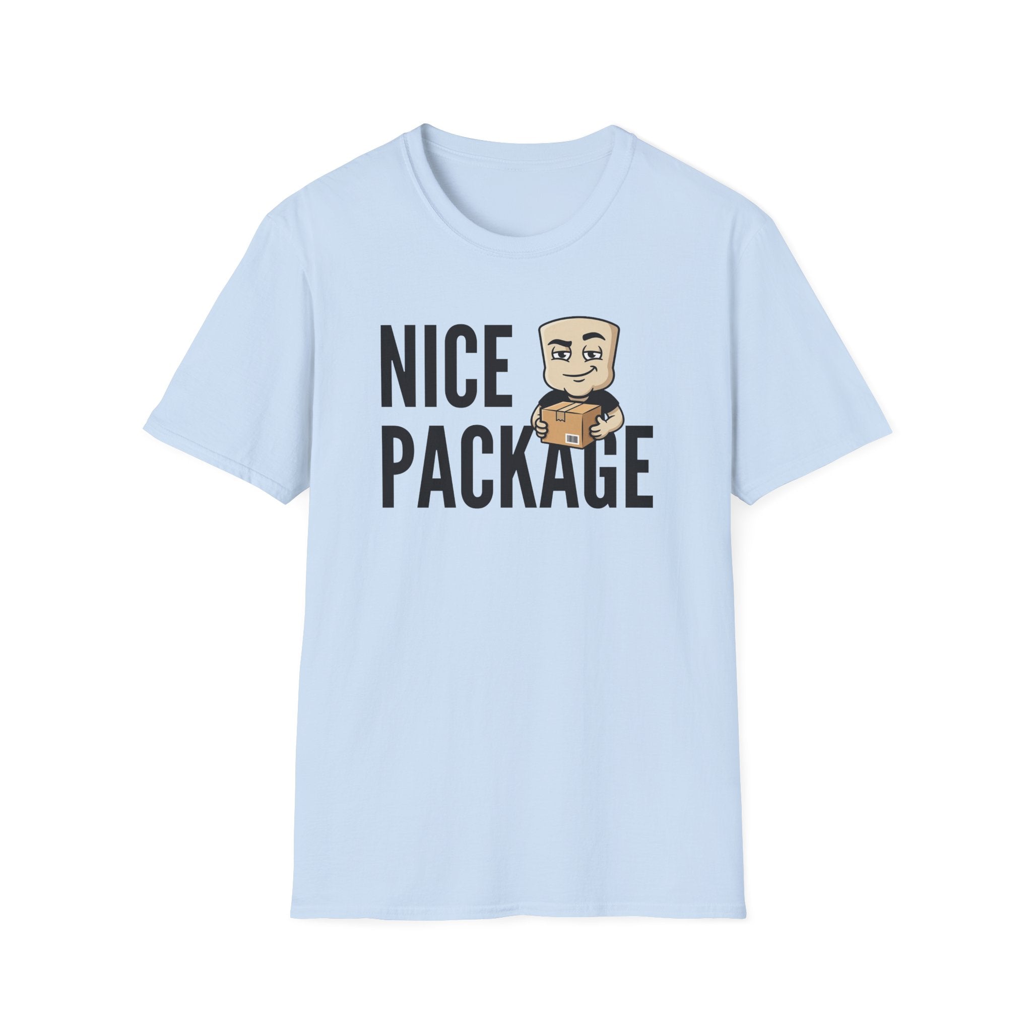 Light blue T-shirt with 'NICE PACKAGE' text and cartoon delivery worker holding a box.