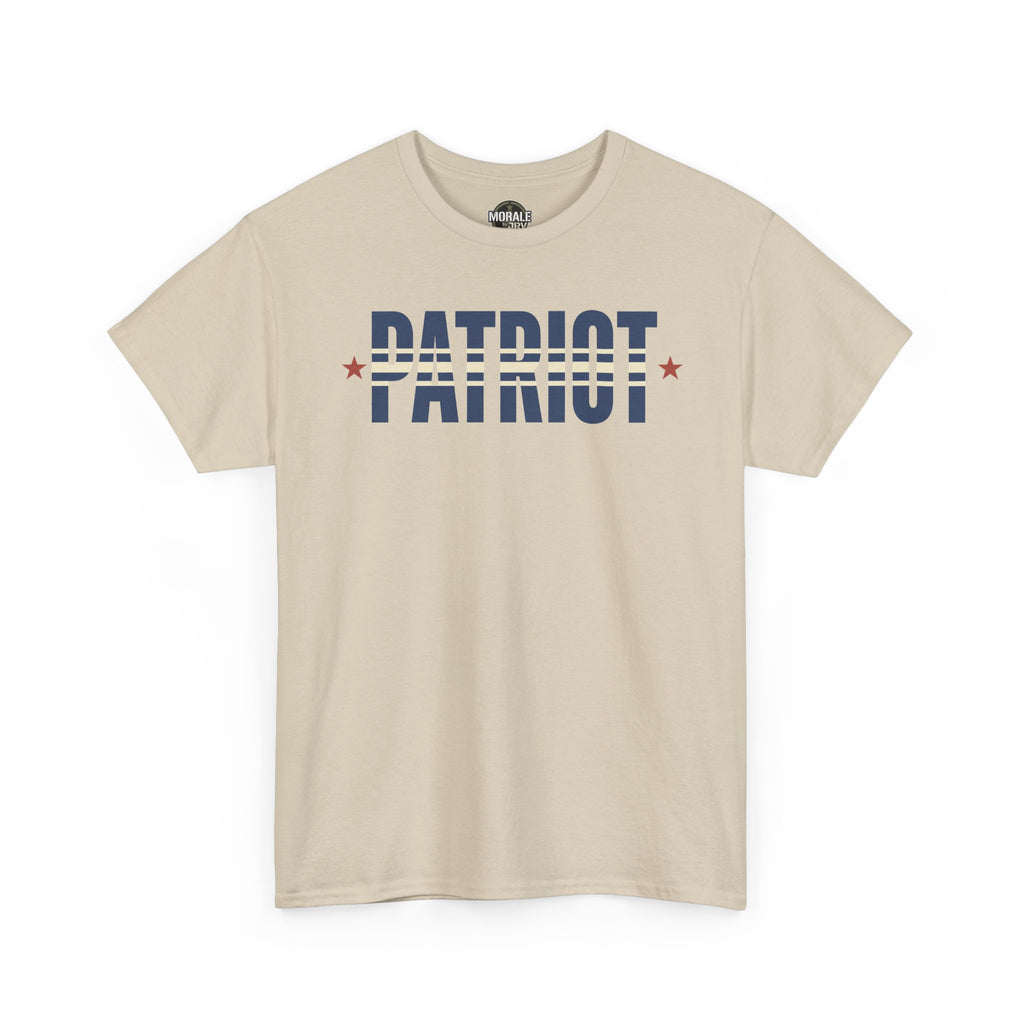 Sand crewneck t-shirt with PATRIOT graphic and red star accents.