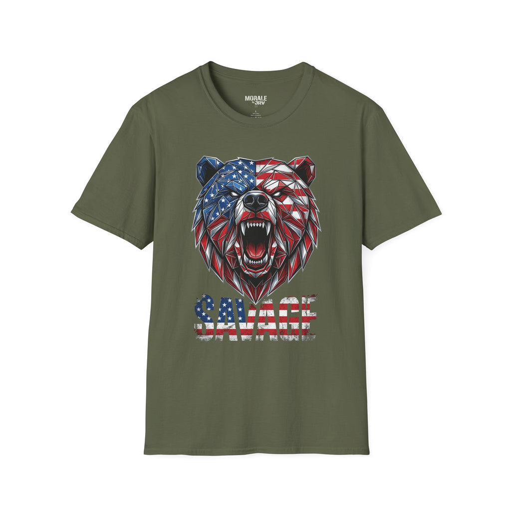 Military Green graphic T-shirt with roaring geometric bear face and American flag SAVAGE