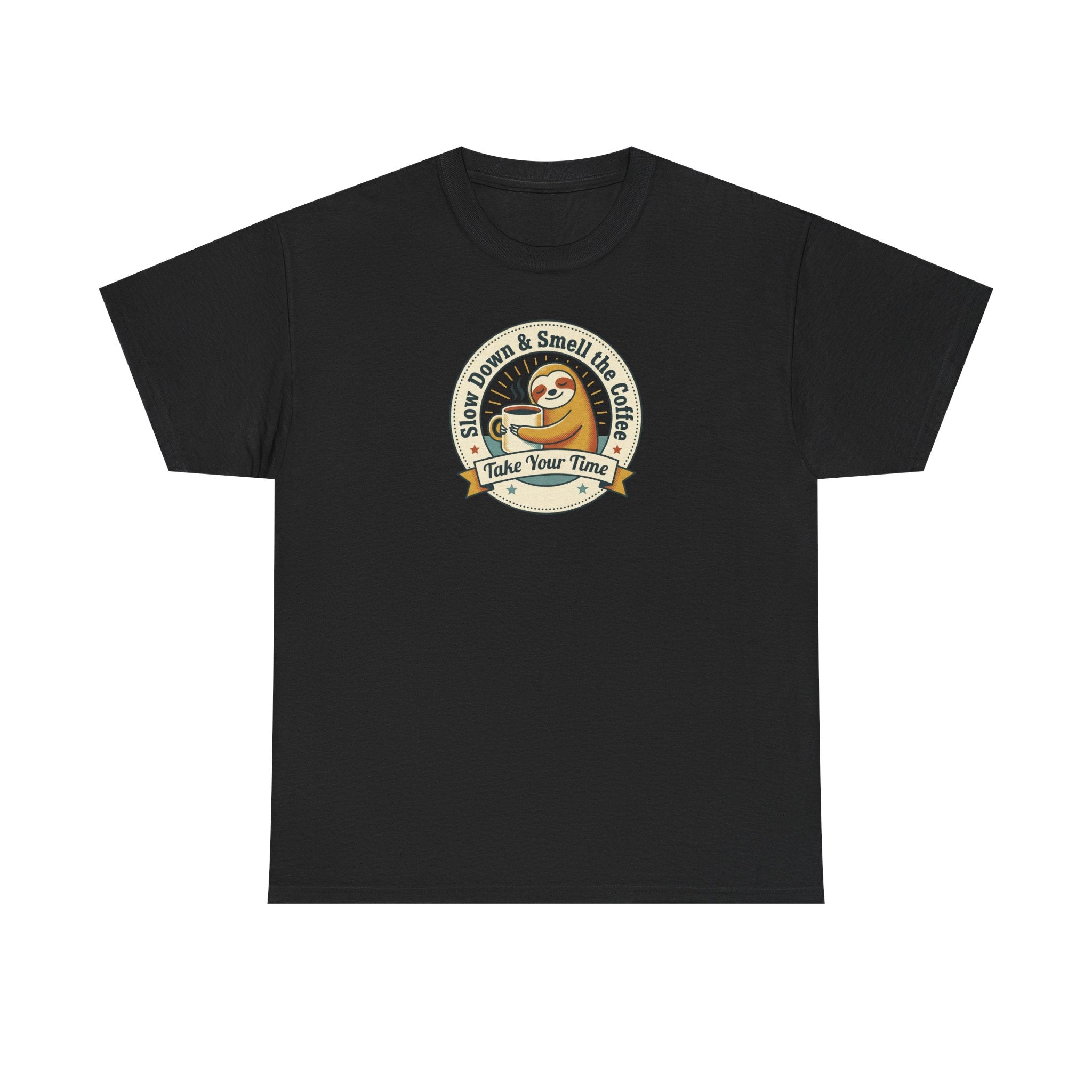 Black sloth graphic T-shirt with circular Take Your Time badge print