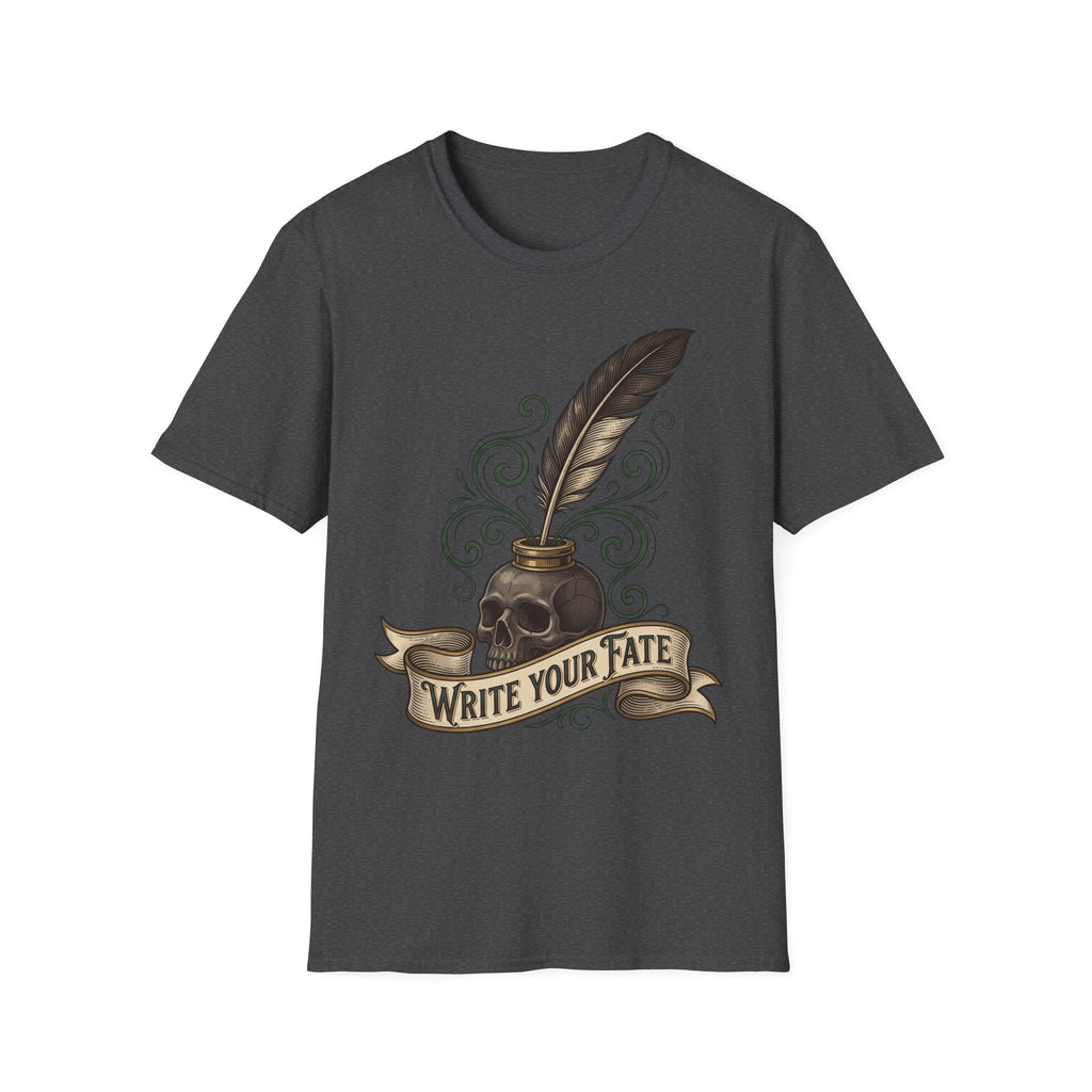 Dark gray quill pen T-shirt with skull, feather pen, and “Write Your Fate” banner graphic