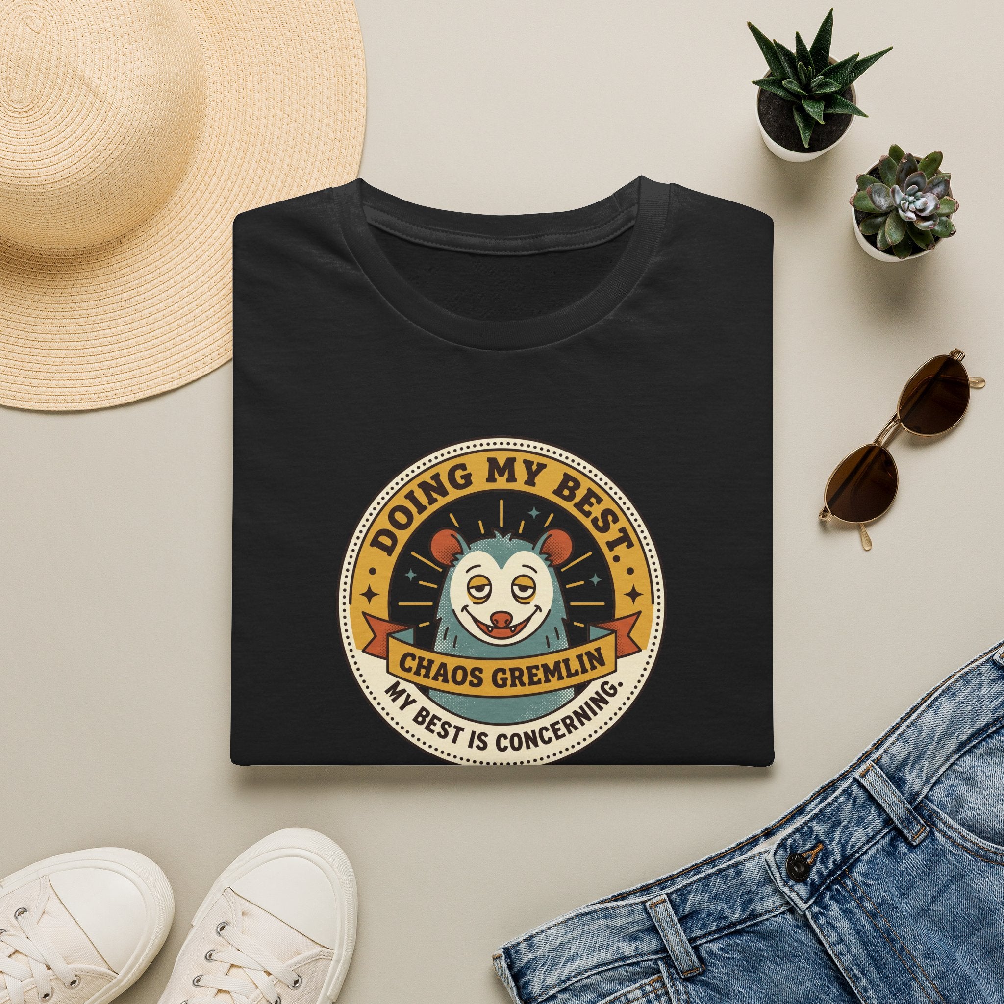 Black t-shirt with circular gremlin panda graphic and text at the center