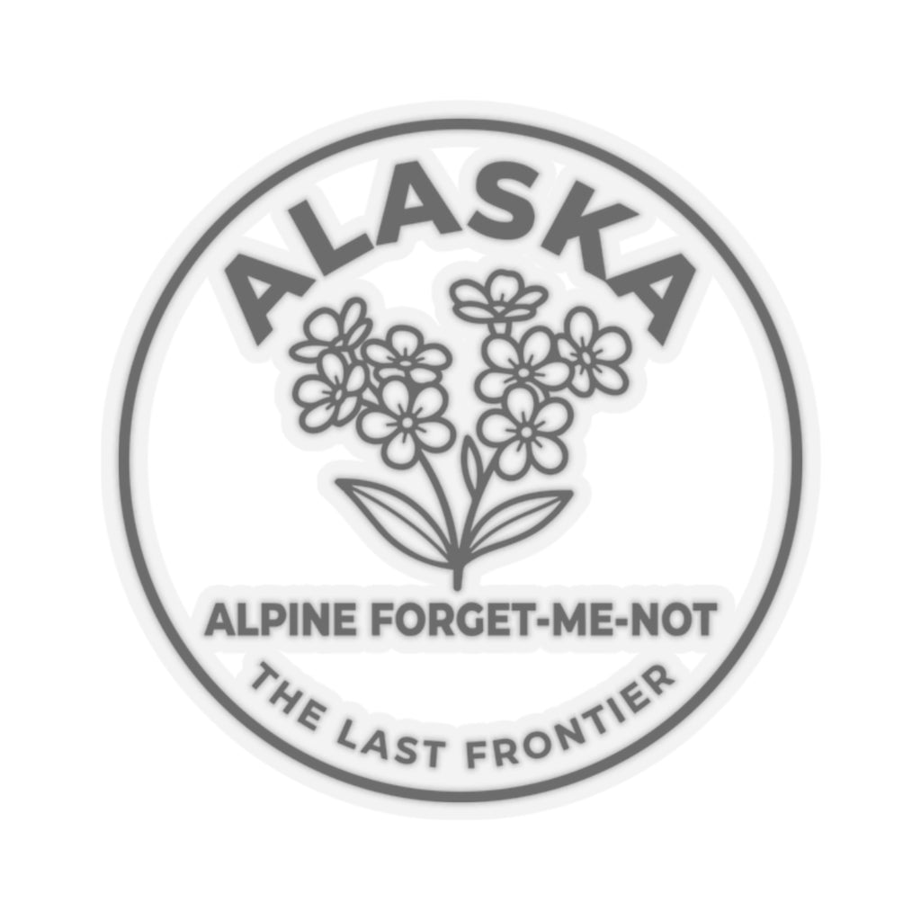 Alaska alpine forget-me-not vinyl sticker, circular floral logo with dark text